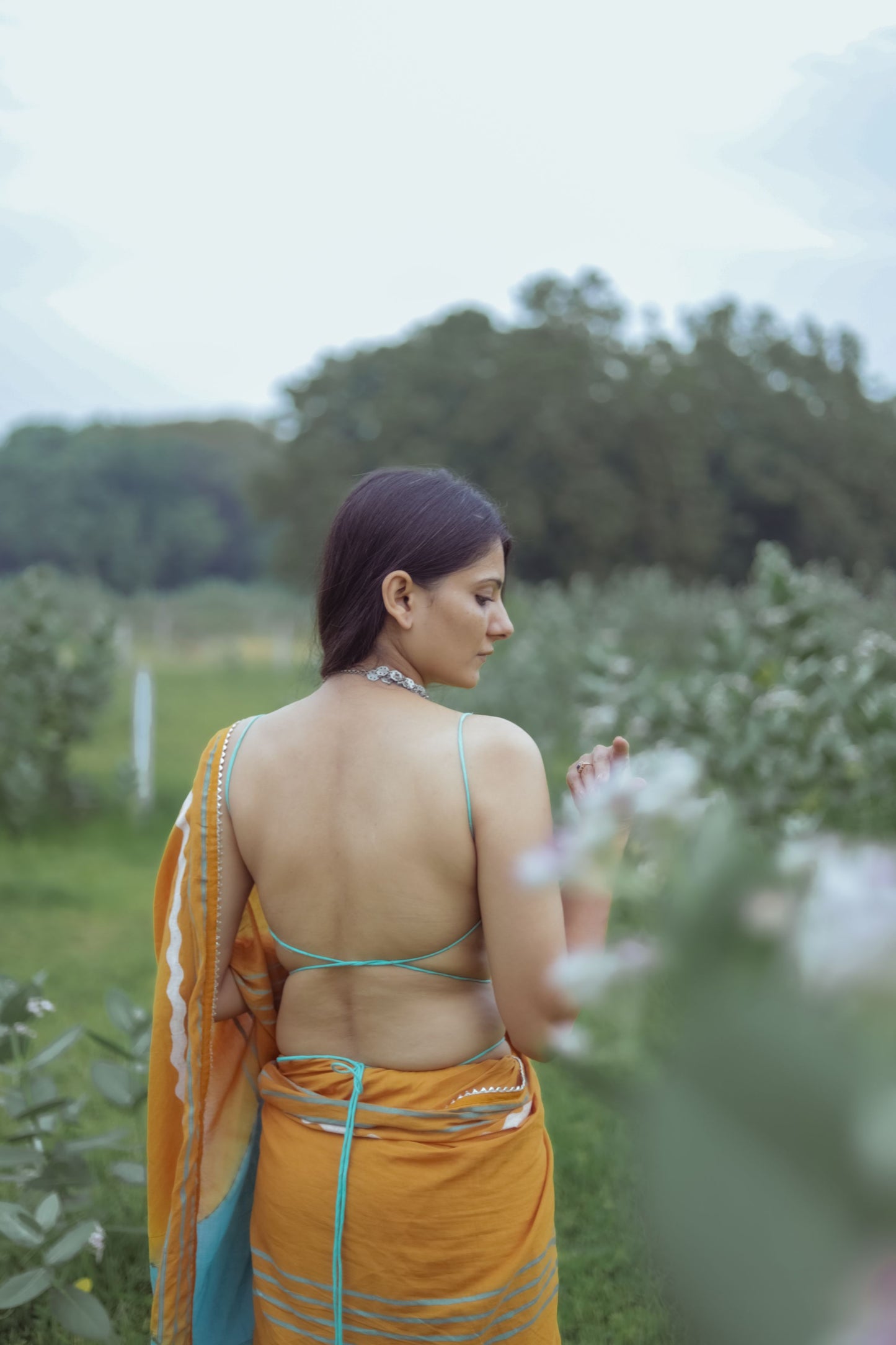 Mustard Yellow Hand Block Printed Saree with Tie-dye Leherya Pallu & Custom Blouse - Tijoreebynikita