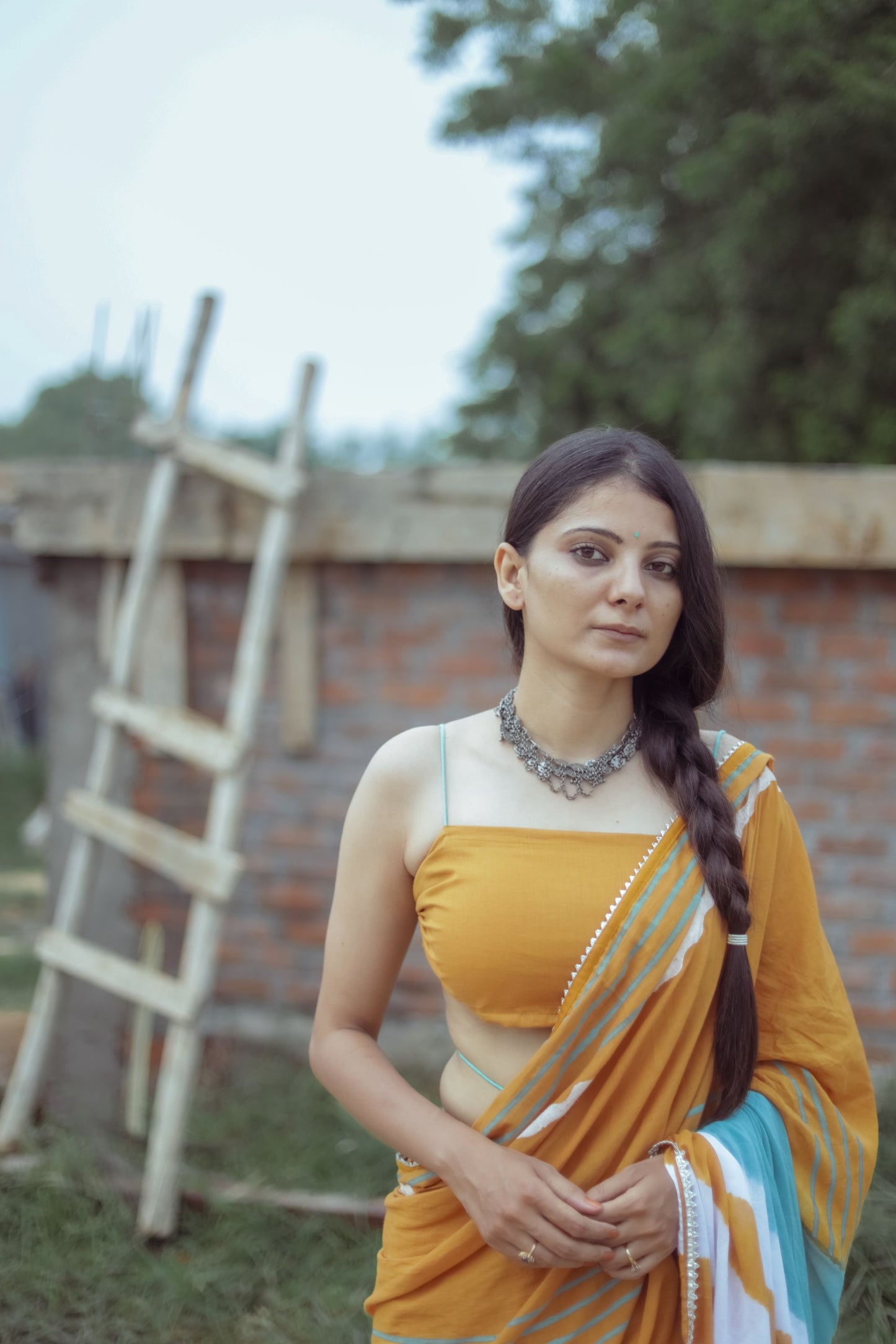 Mustard Yellow Hand Block Printed Saree with Tie-dye Leherya Pallu & Custom Blouse - Tijoreebynikita