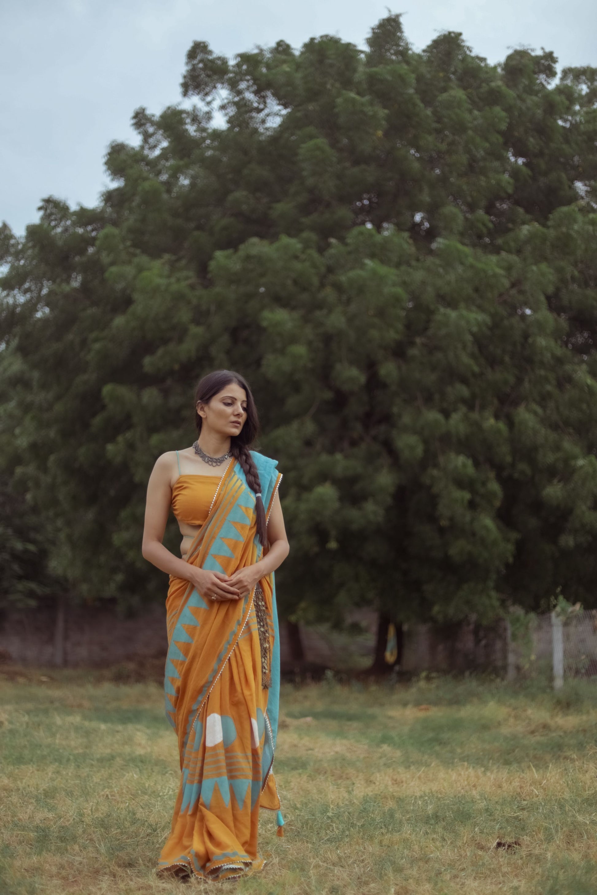 Mustard Yellow Hand Block Printed Saree with Tie-dye Leherya Pallu & Custom Blouse - Tijoreebynikita