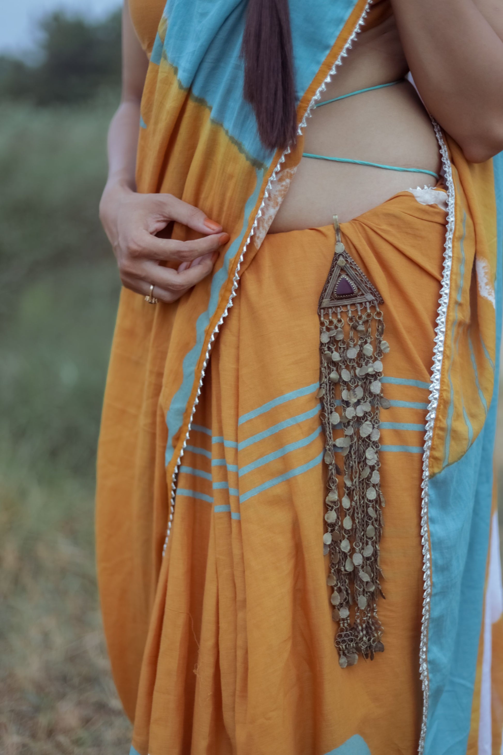 Mustard Yellow Hand Block Printed Saree with Tie-dye Leherya Pallu & Custom Blouse - Tijoreebynikita