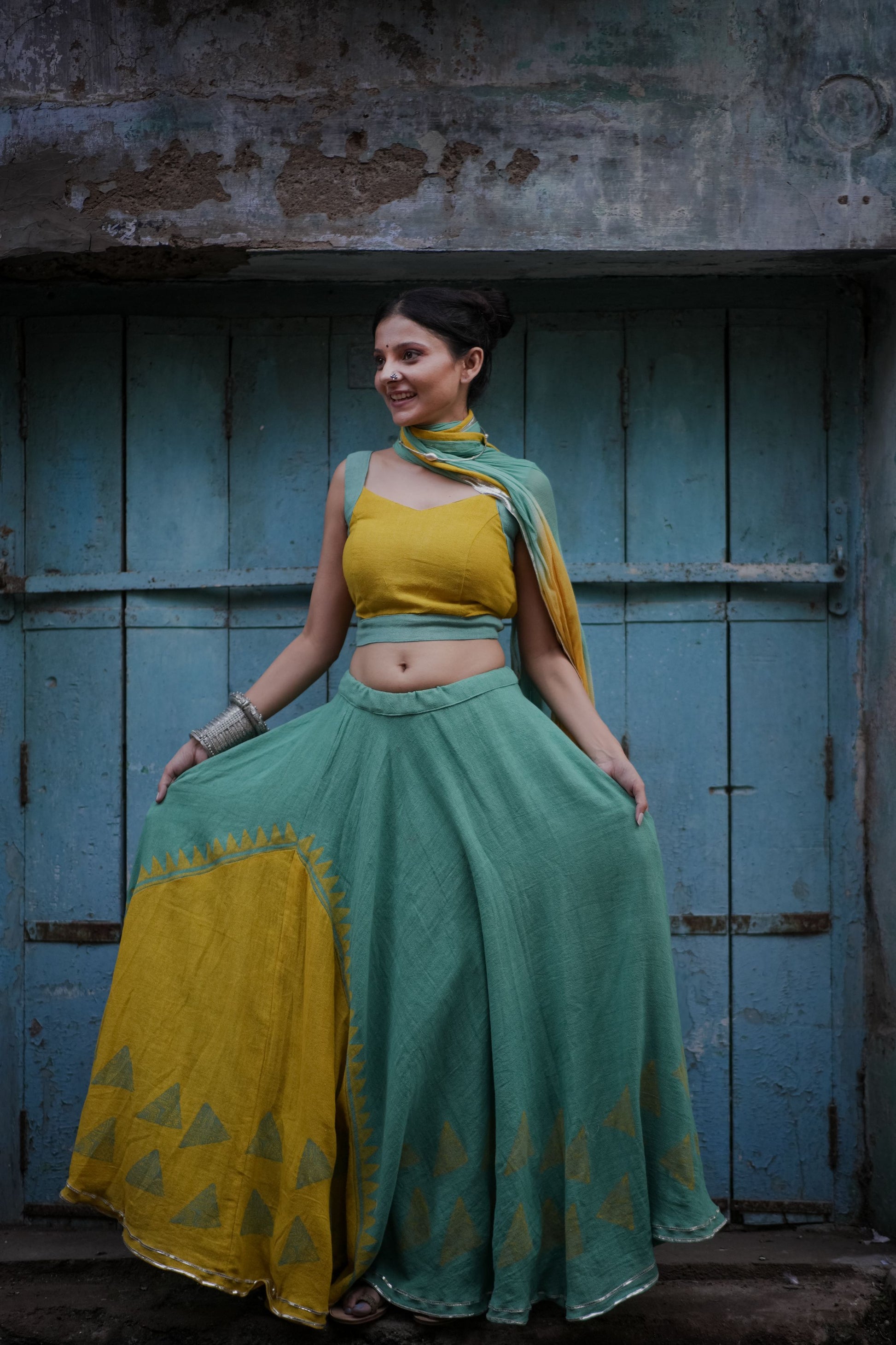 Pale Yellow & Sea Green Hand Block Printed Lehenga Set - Tijoreebynikita