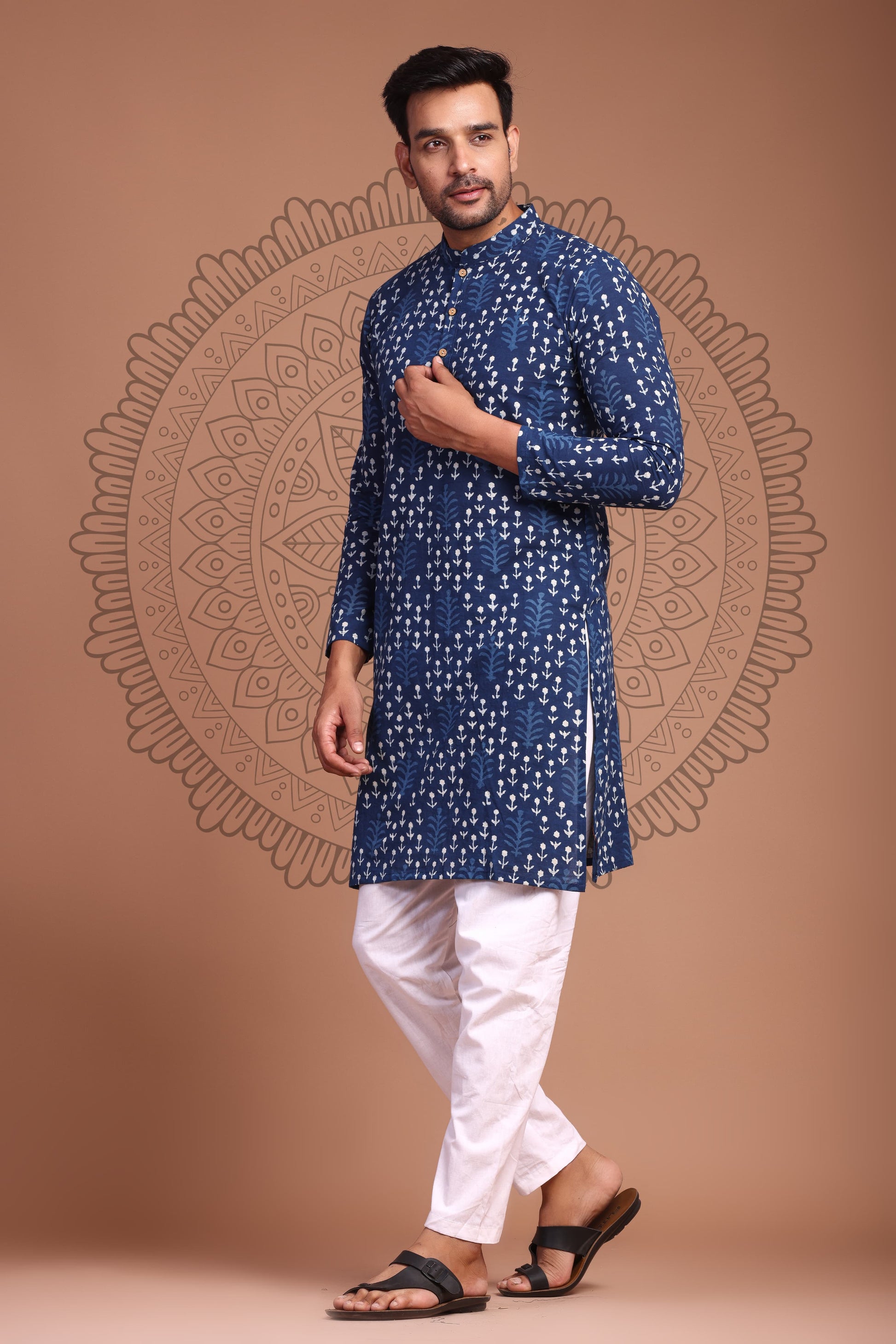 Blue Hand Block Printed Men's Kurta - Tijoreebynikita