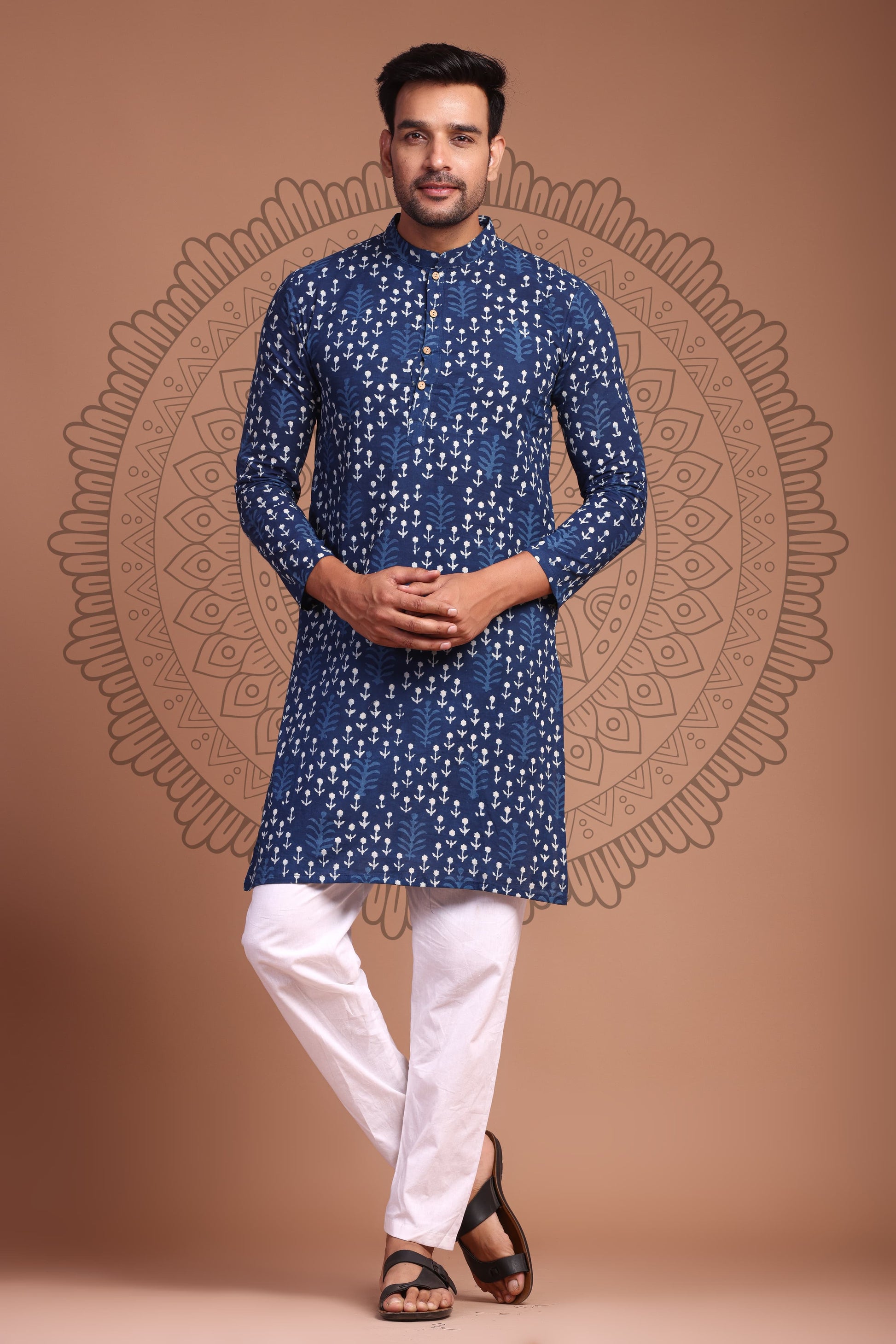 Blue Hand Block Printed Men's Kurta - Tijoreebynikita