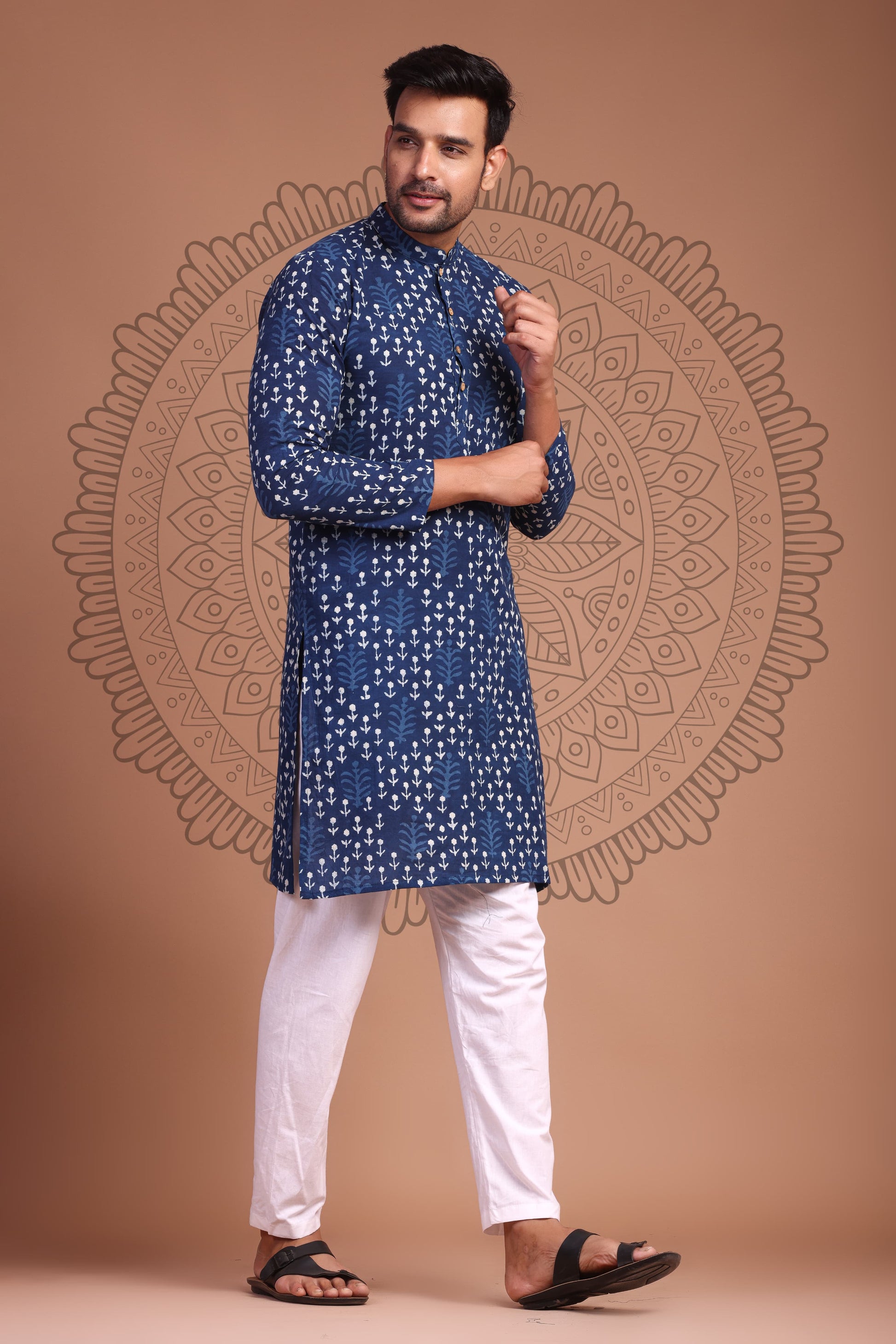 Blue Hand Block Printed Men's Kurta - Tijoreebynikita