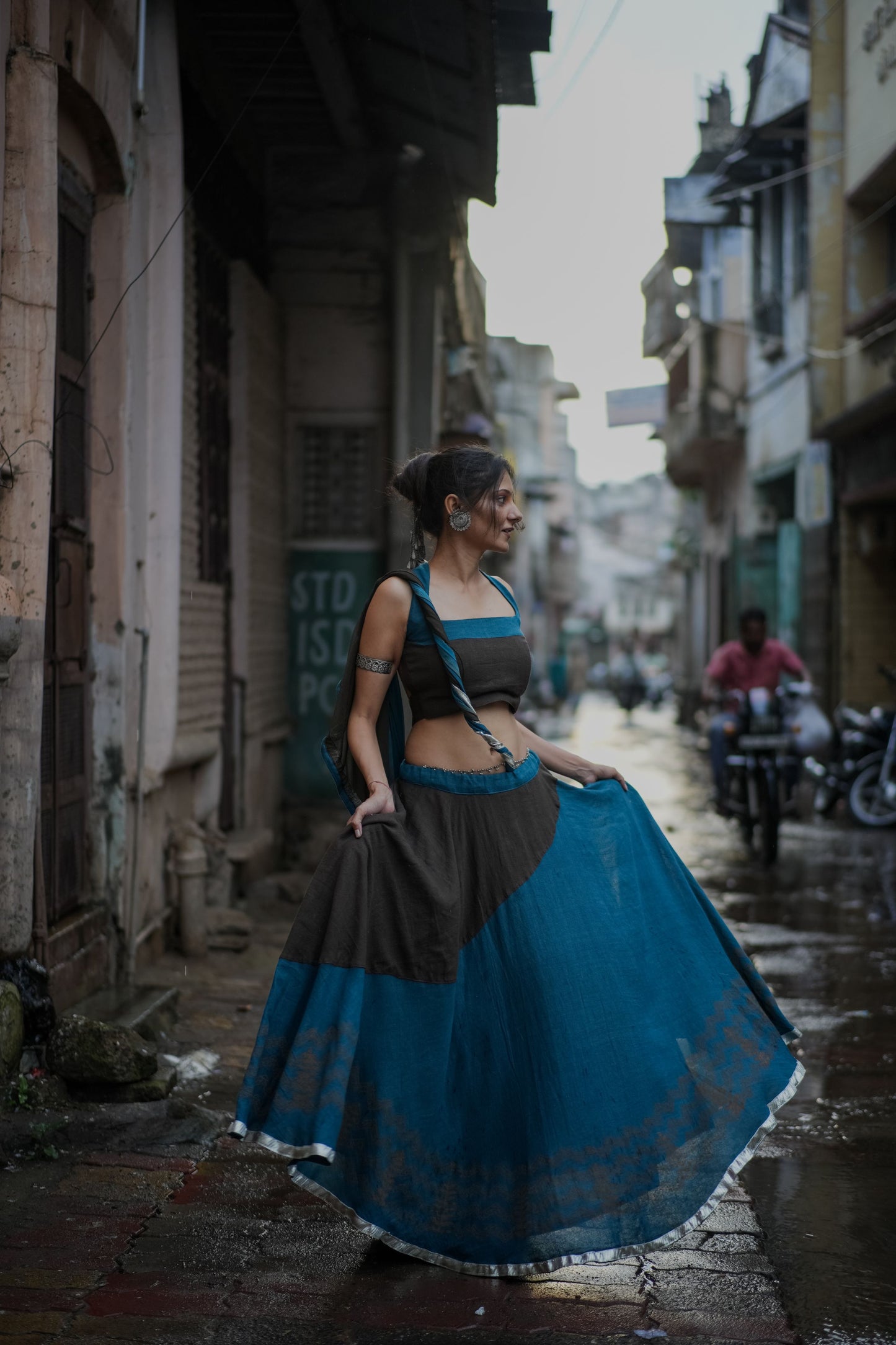 Sherpa Blue & Dark Brown Hand Block Printed Lehenga Set With Shaded Dupatta - Tijoreebynikita