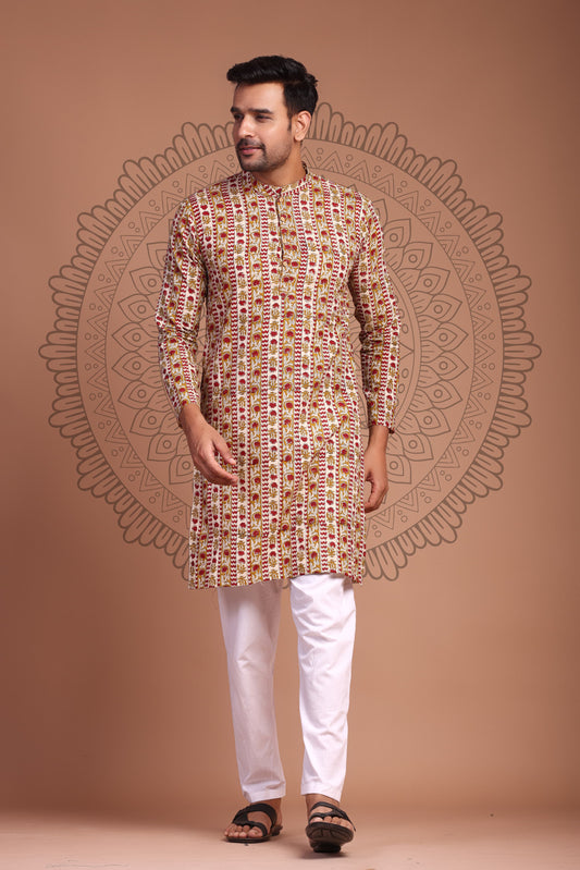 Off White Hand Block Printed Men's Kurta - Tijoreebynikita