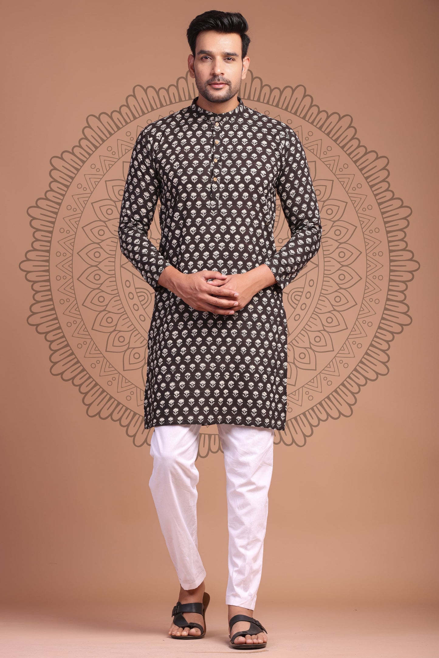 Black Hand Block Printed Men's Kurta - Tijoreebynikita