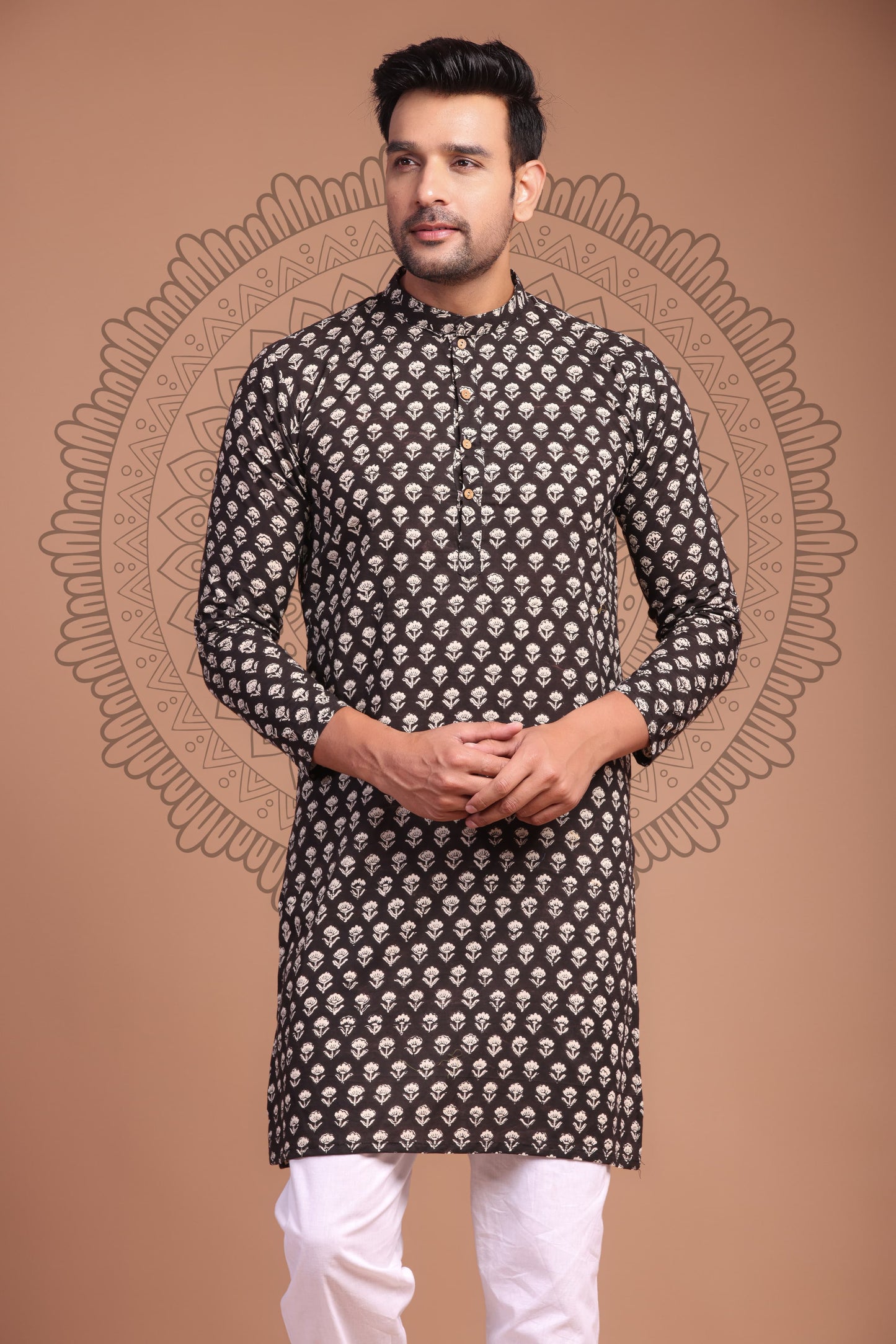 Black Hand Block Printed Men's Kurta - Tijoreebynikita