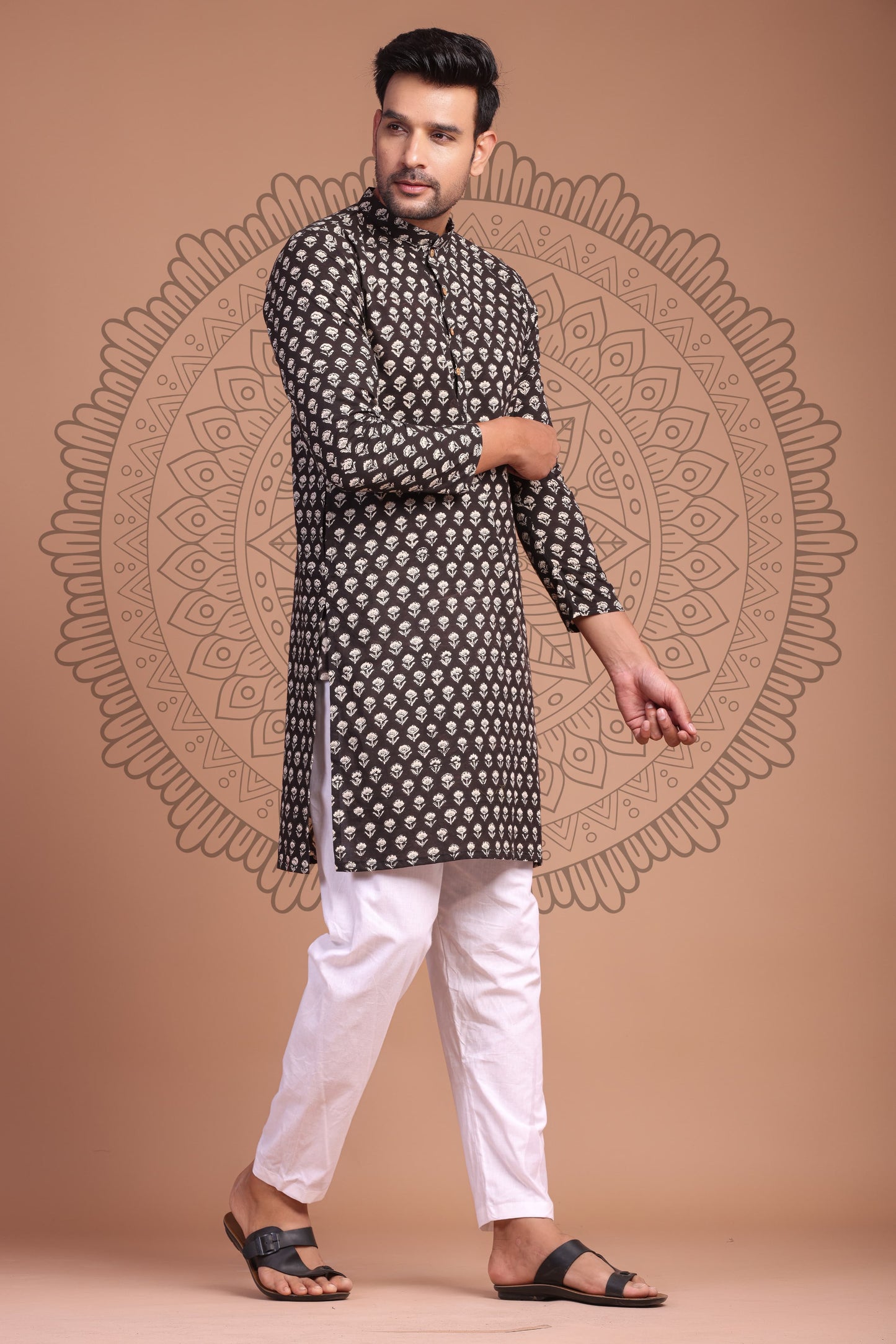 Black Hand Block Printed Men's Kurta - Tijoreebynikita