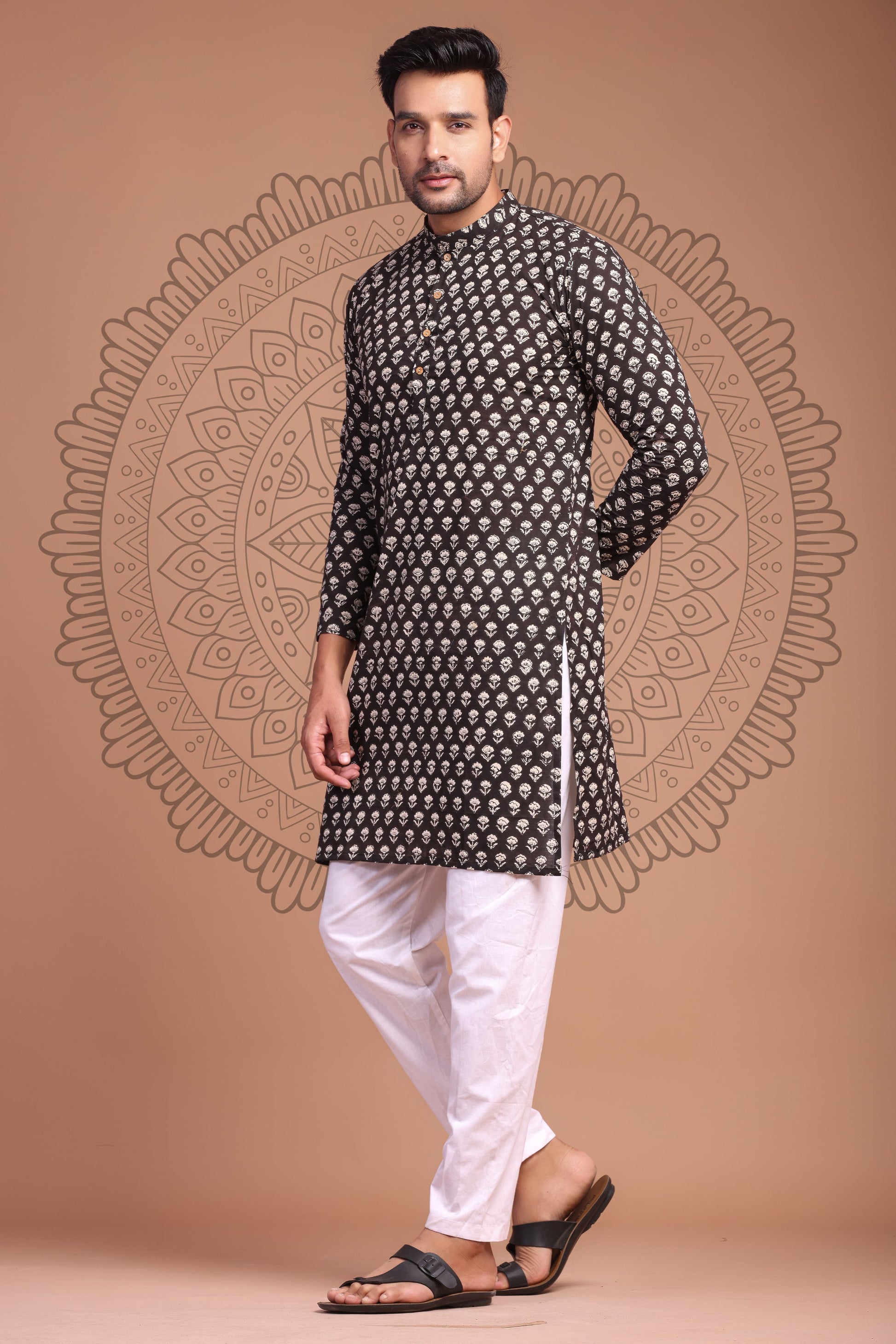 Black Hand Block Printed Men's Kurta - Tijoreebynikita