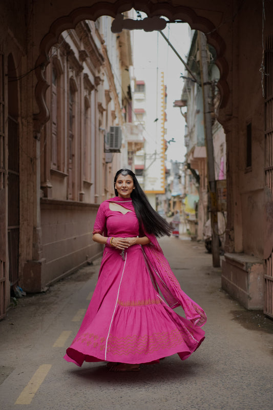 Rani Pink Hand Block Printed Lehenga Set - Tijoreebynikita