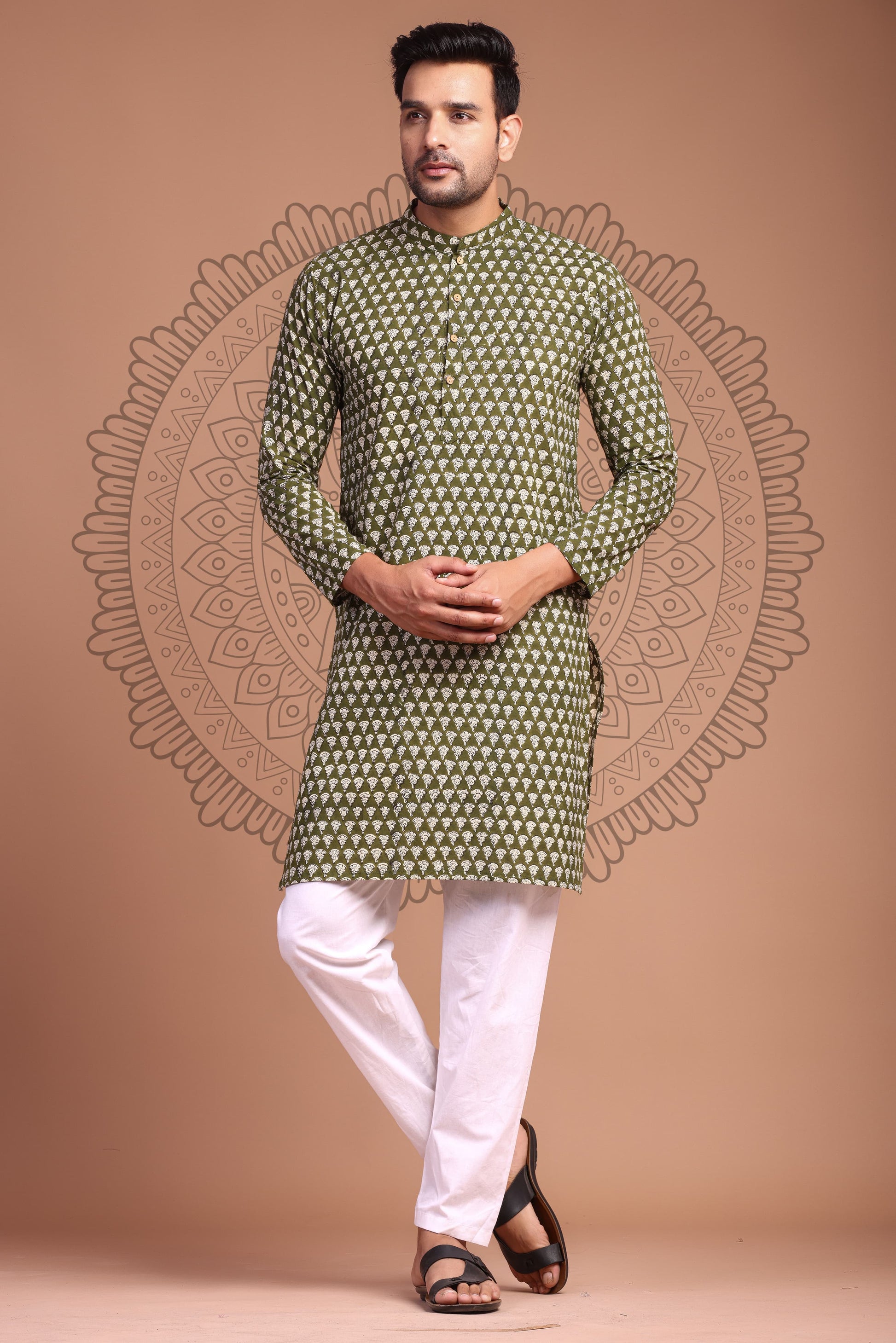 Mehendi Green Hand Block Printed Men's Kurta - Tijoreebynikita