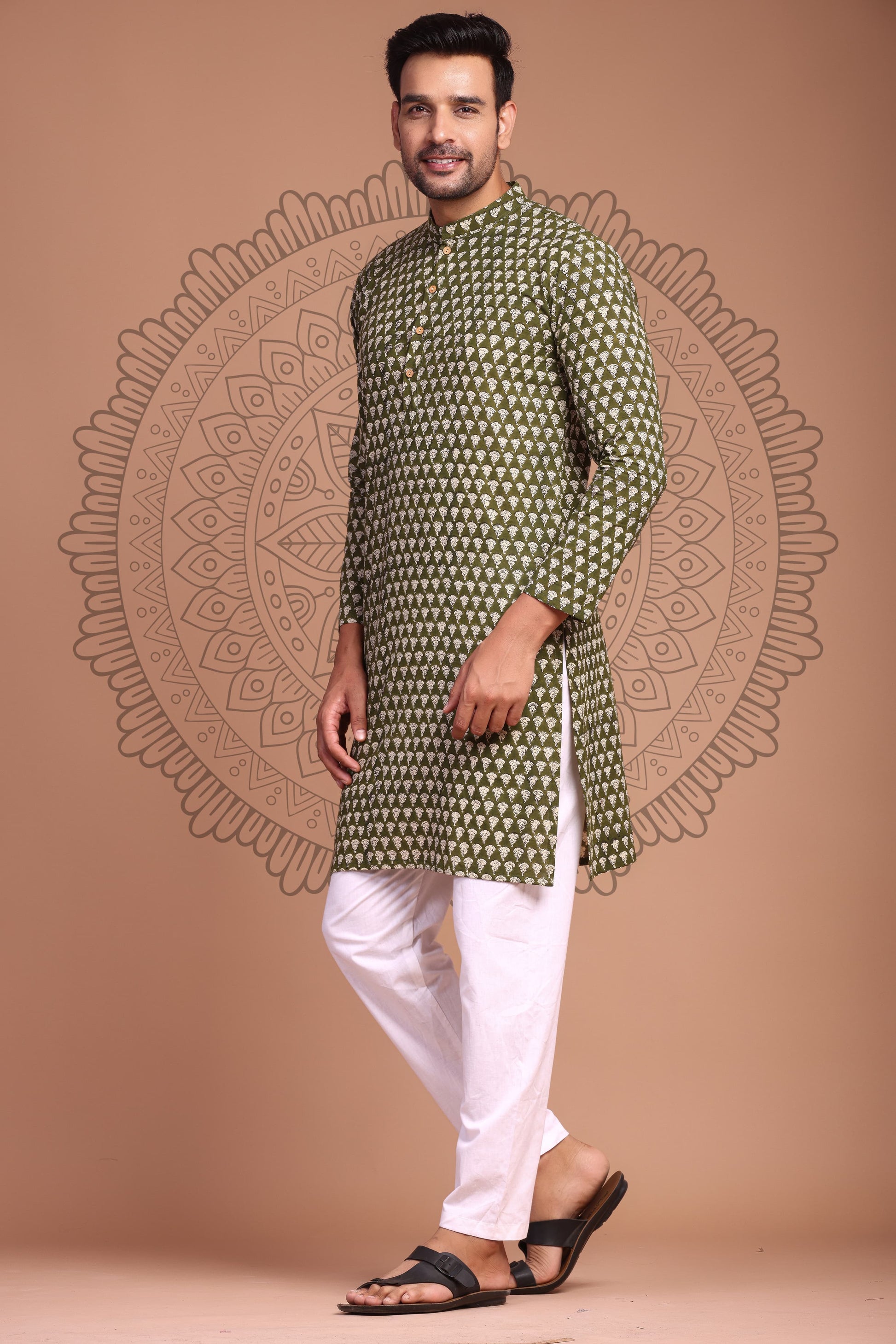 Mehendi Green Hand Block Printed Men's Kurta - Tijoreebynikita