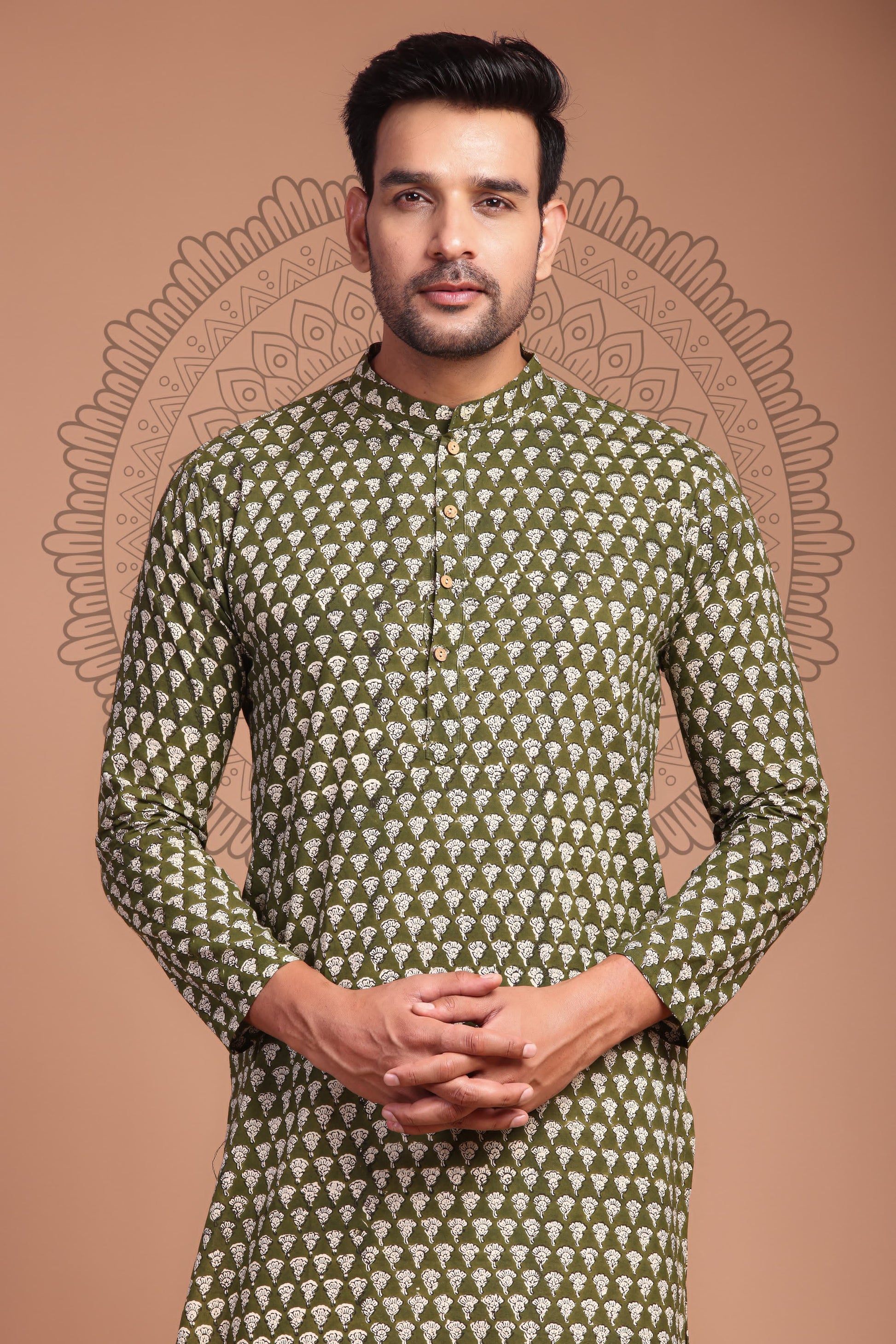 Mehendi Green Hand Block Printed Men's Kurta - Tijoreebynikita