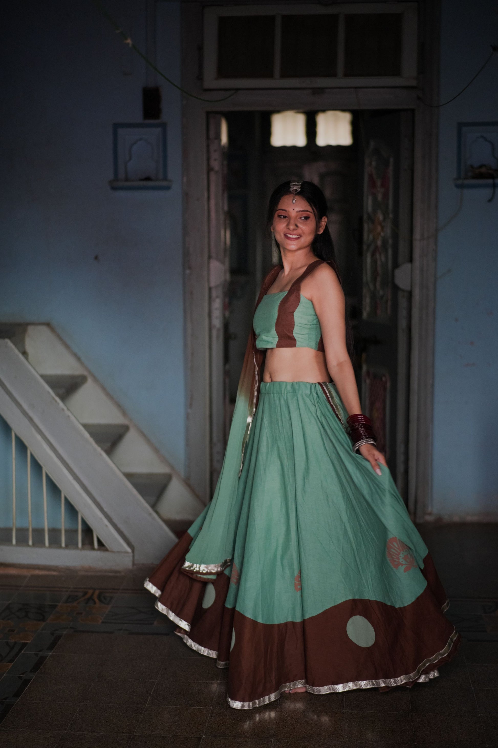 Sea Green & Brown Hand Block Printed Lehenga Set - Tijoreebynikita