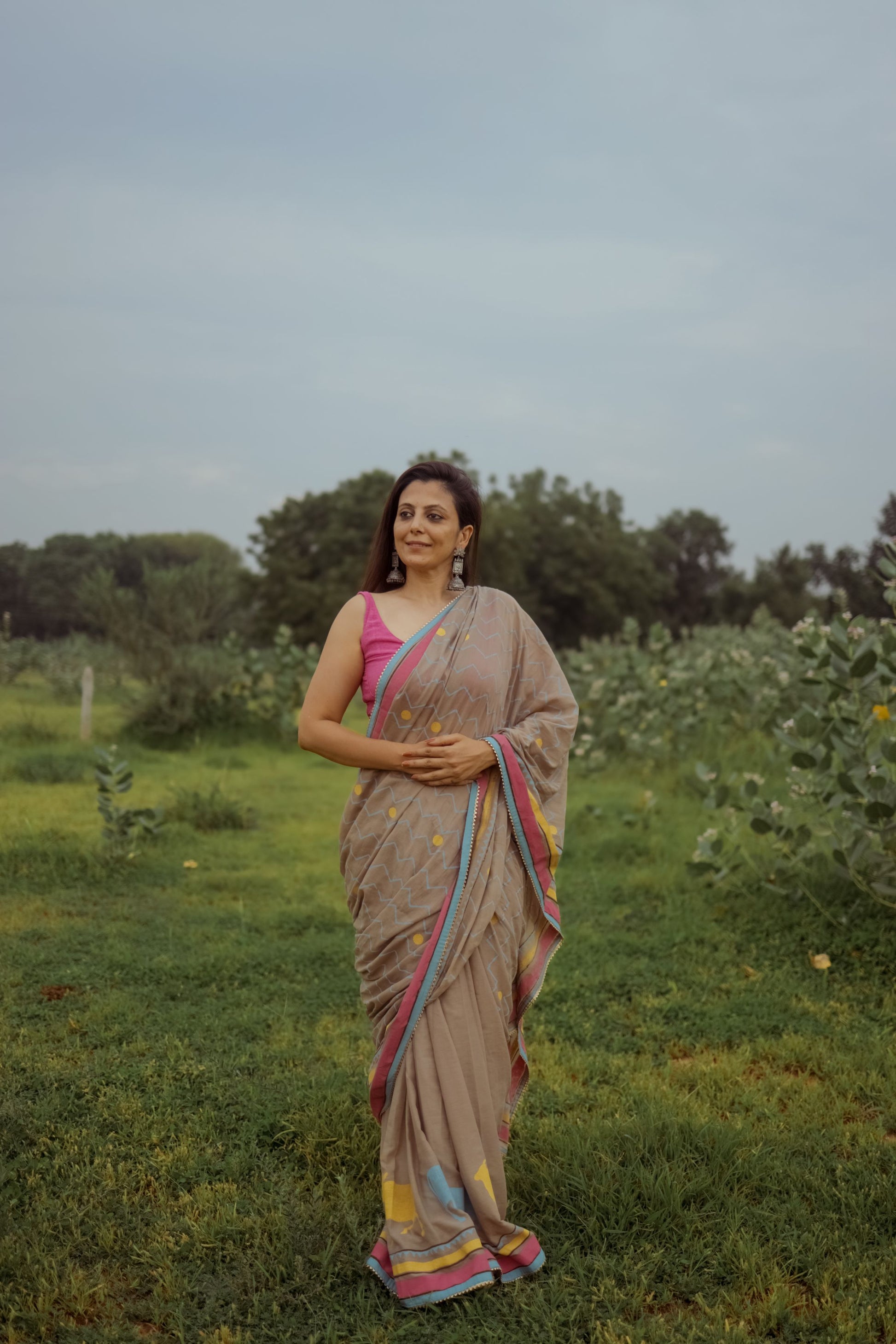 Beige Pastel Hand Block Printed Saree with Custom Blouse - Tijoreebynikita