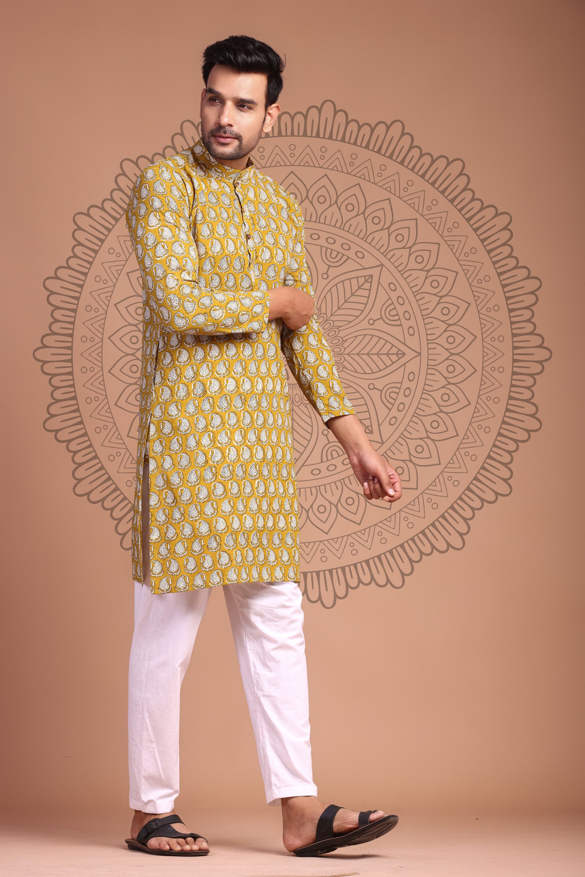 Mustard Yellow Hand Block Printed Men's Kurta - Tijoreebynikita