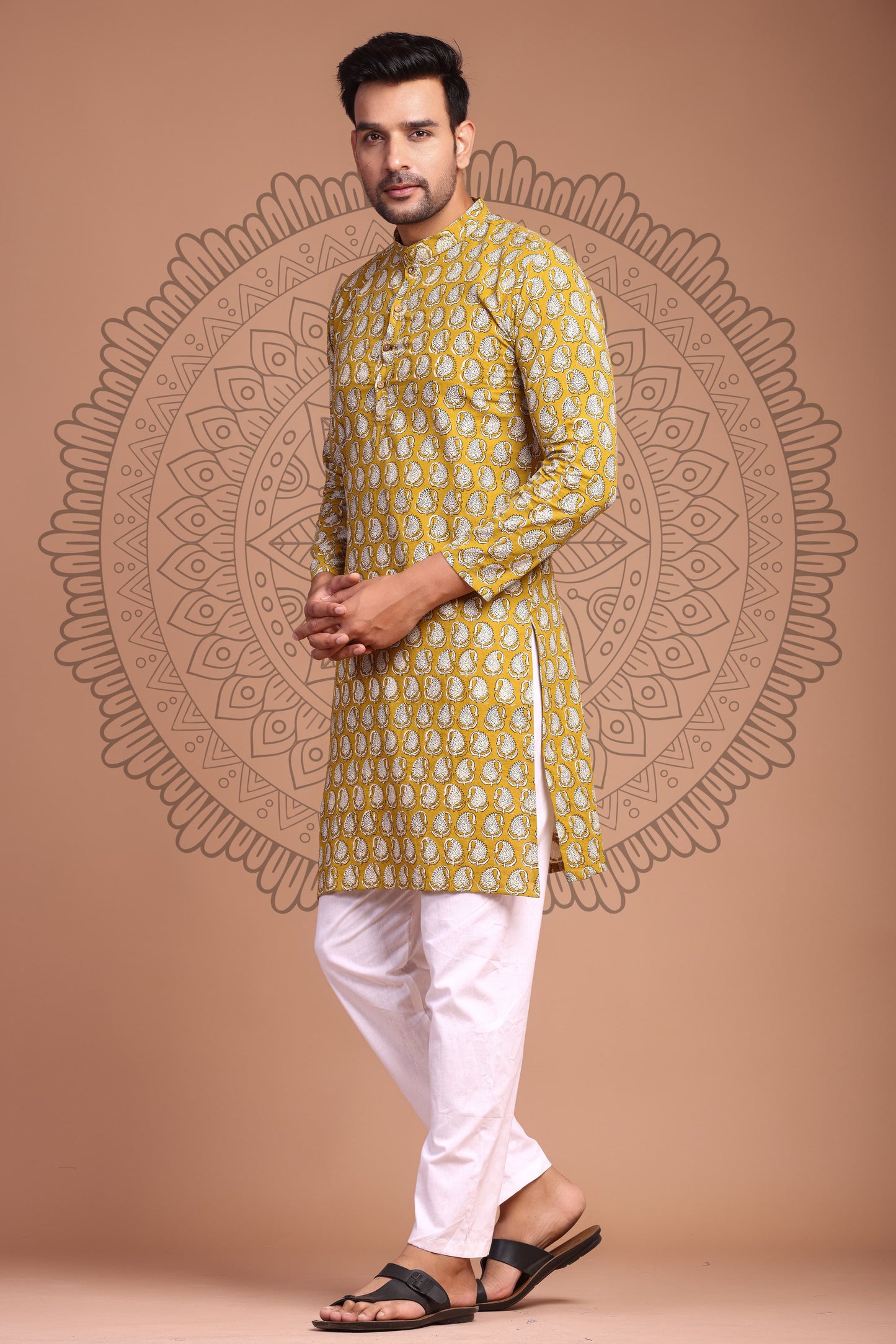 Mustard Yellow Hand Block Printed Men's Kurta - Tijoreebynikita