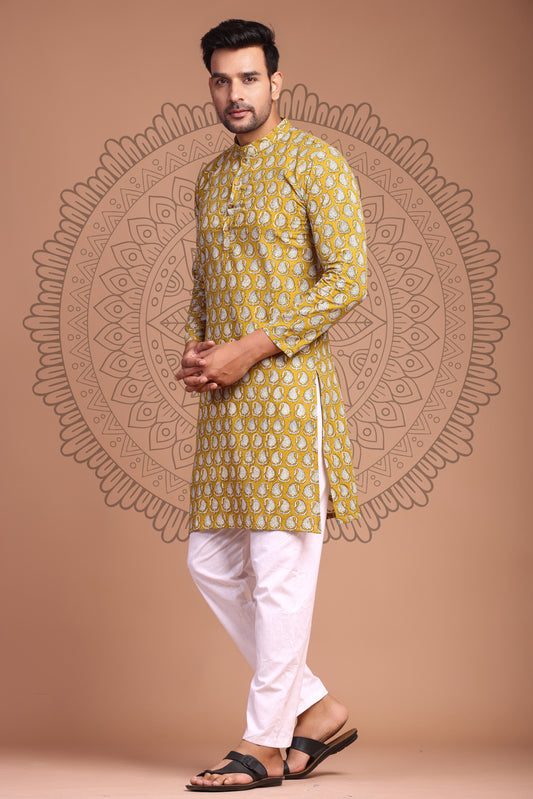 Mustard Yellow Hand Block Printed Men's Kurta - Tijoreebynikita