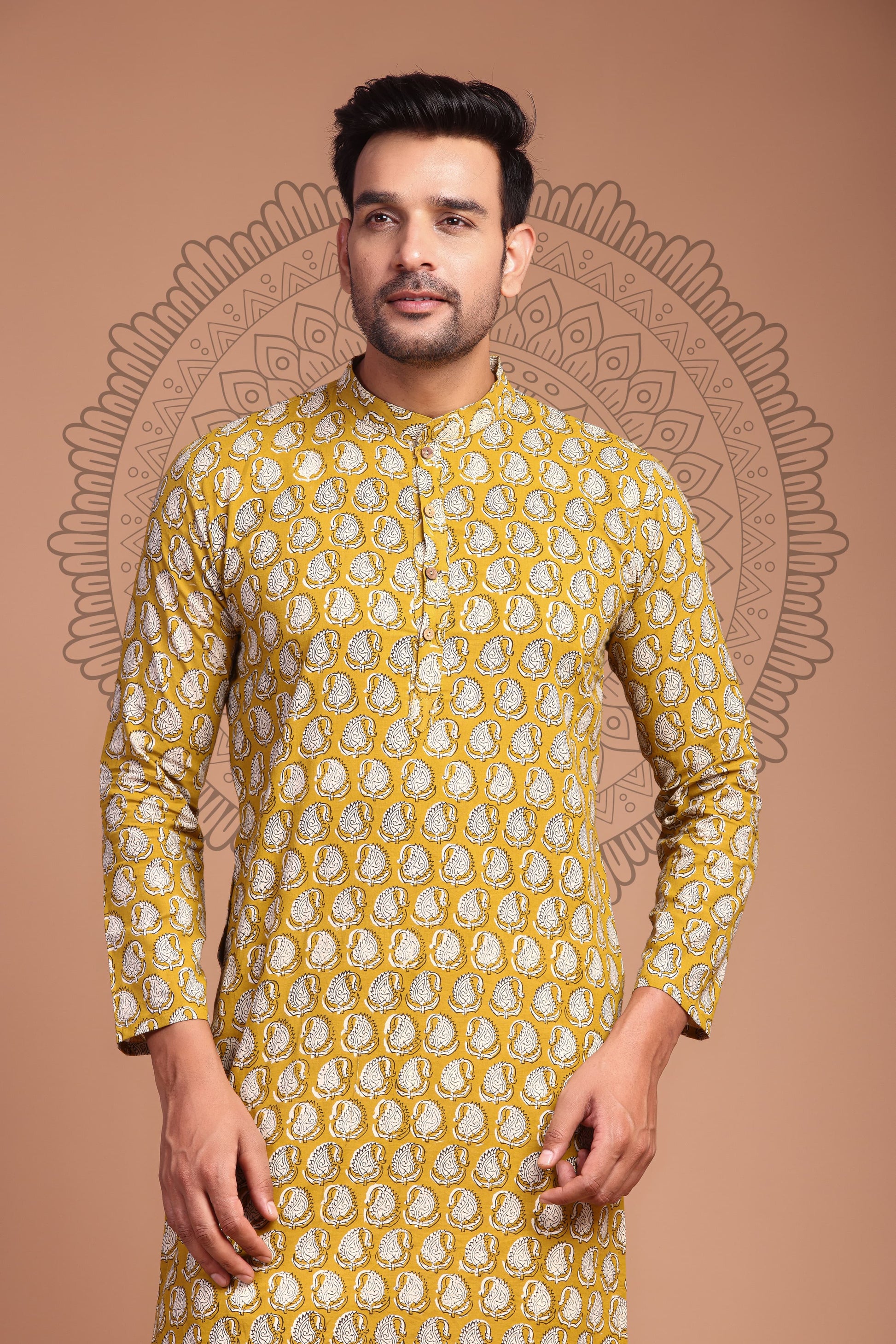 Mustard Yellow Hand Block Printed Men's Kurta - Tijoreebynikita