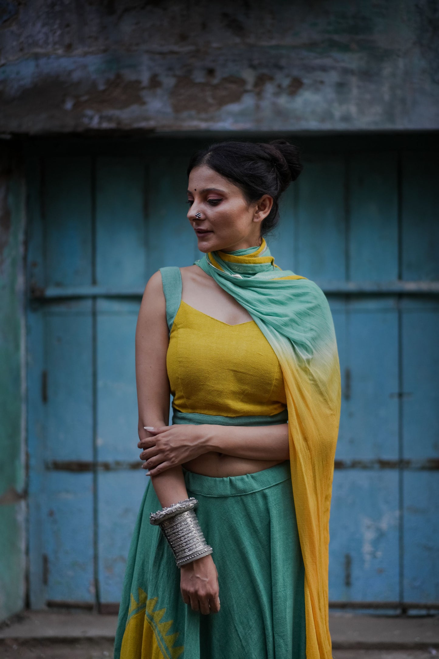 Pale Yellow & Sea Green Hand Block Printed Lehenga Set - Tijoreebynikita