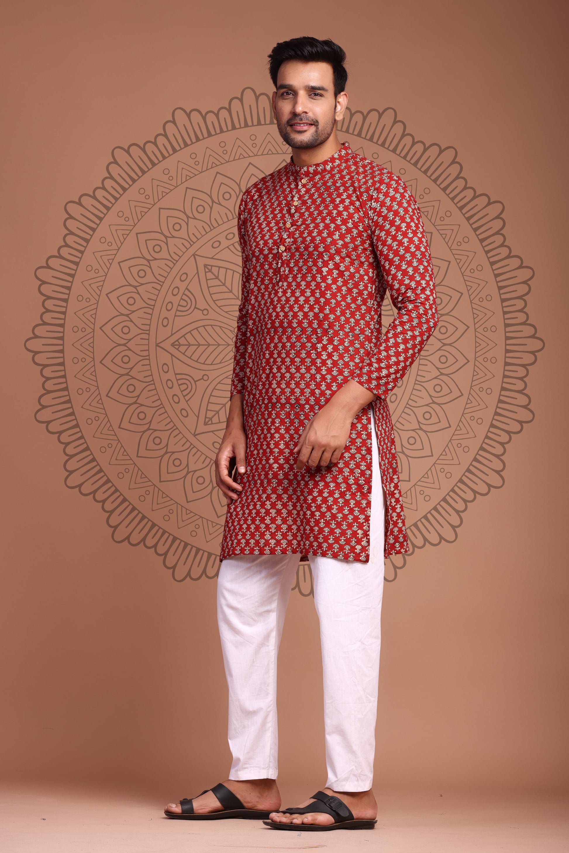 Crimson Red Hand Block Printed Men's Kurta - Tijoreebynikita