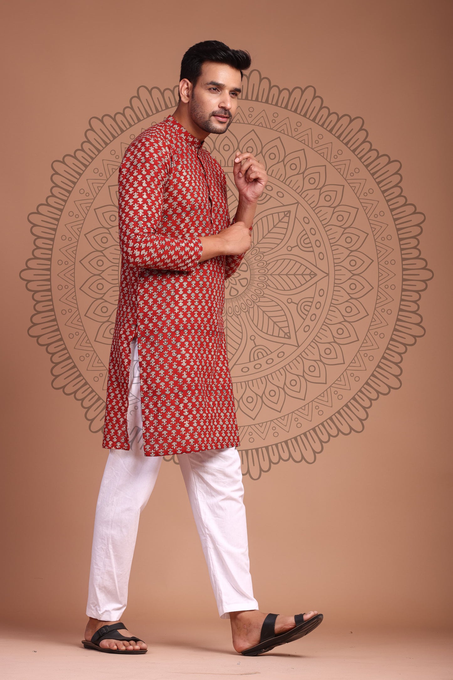 Crimson Red Hand Block Printed Men's Kurta - Tijoreebynikita