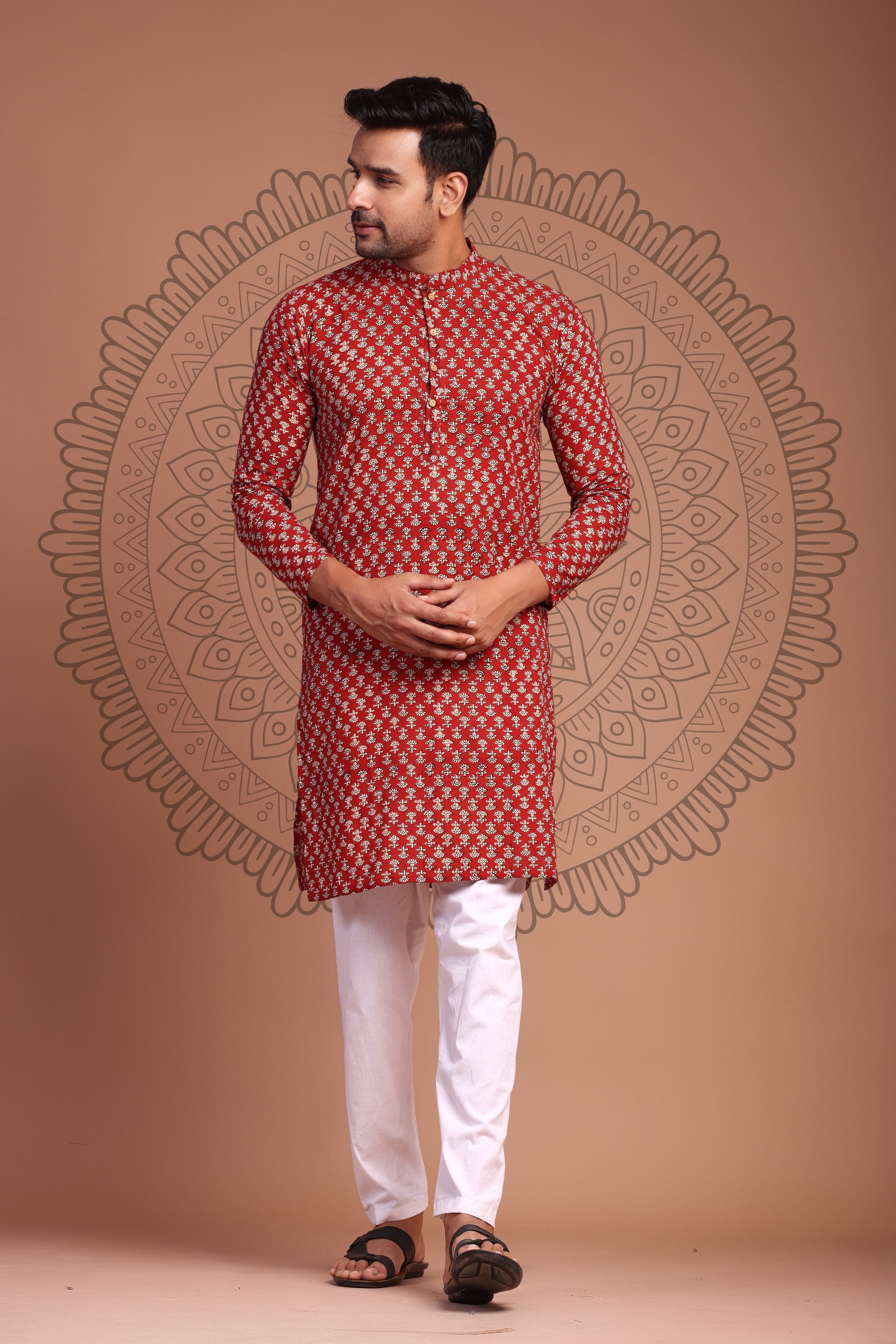 Crimson Red Hand Block Printed Men's Kurta - Tijoreebynikita