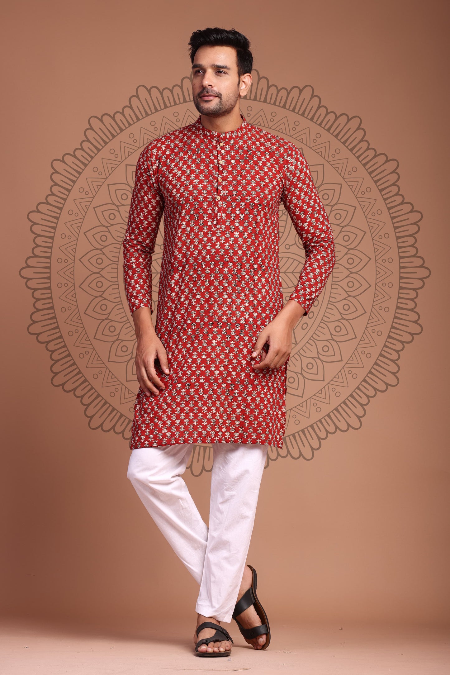 Crimson Red Hand Block Printed Men's Kurta - Tijoreebynikita