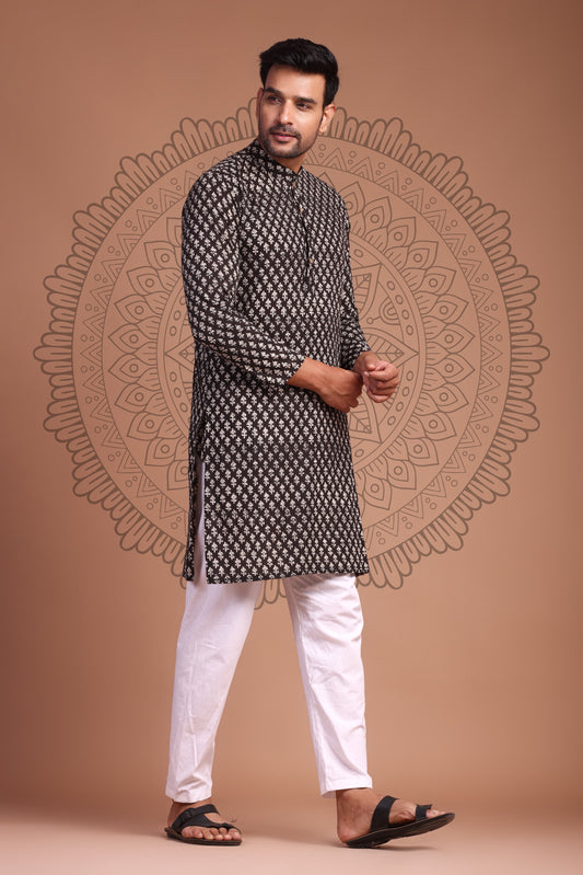 Black Hand Block Printed Men's Kurta - Tijoreebynikita