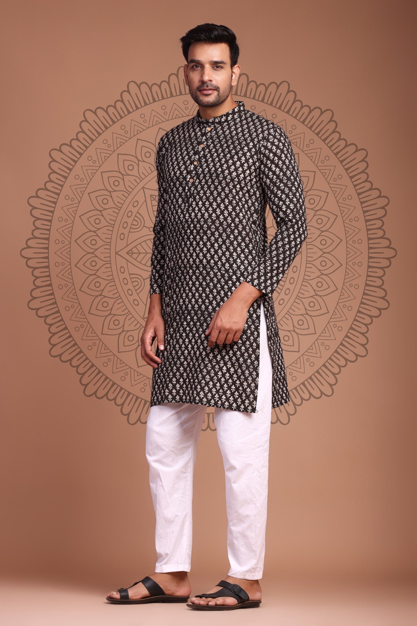 Black Hand Block Printed Men's Kurta - Tijoreebynikita