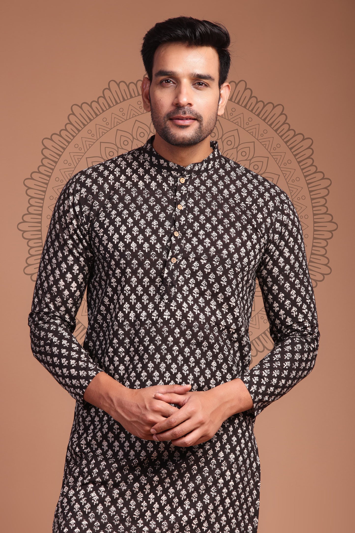 Black Hand Block Printed Men's Kurta - Tijoreebynikita