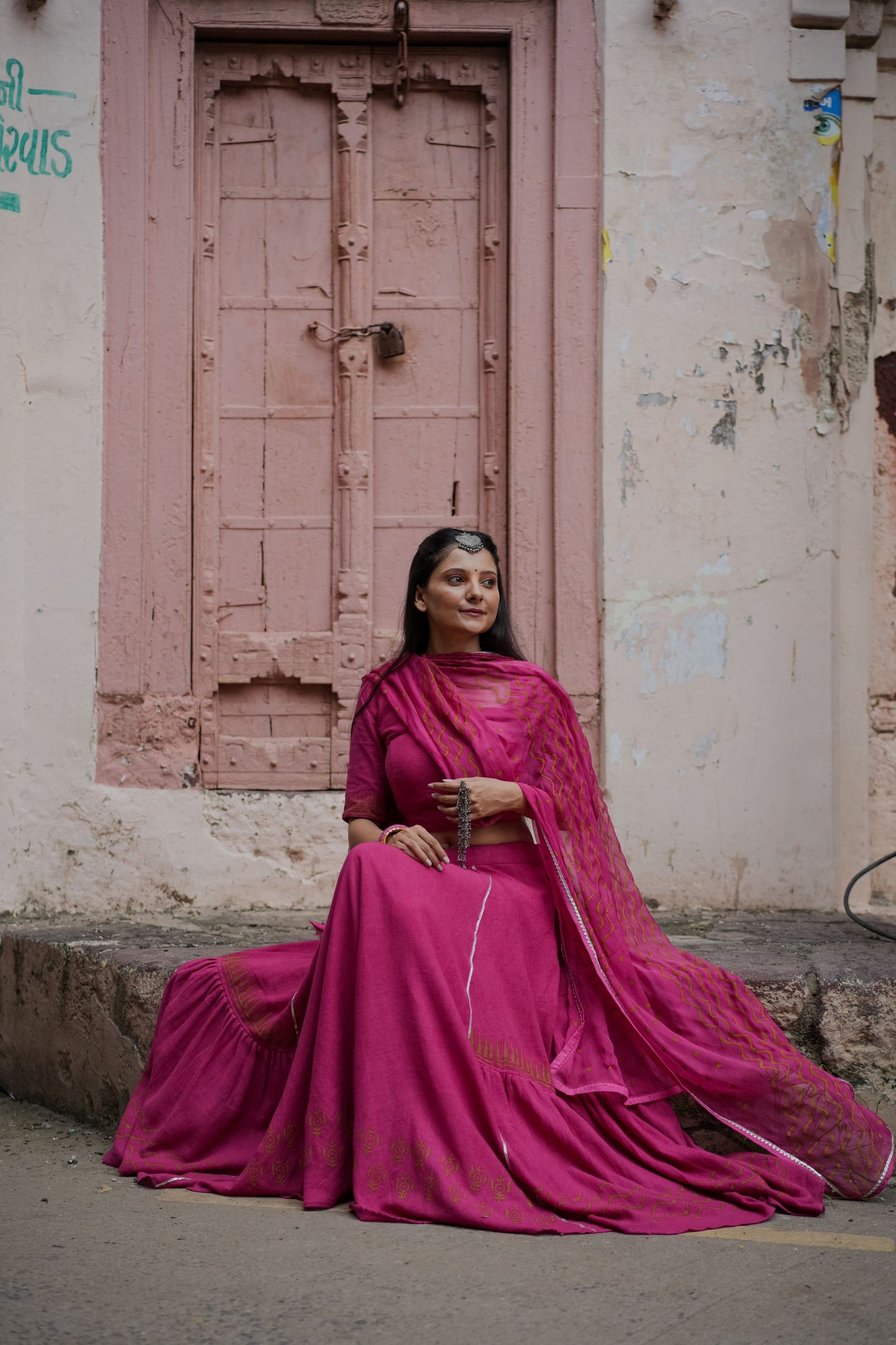 Rani Pink Hand Block Printed Lehenga Set - Tijoreebynikita