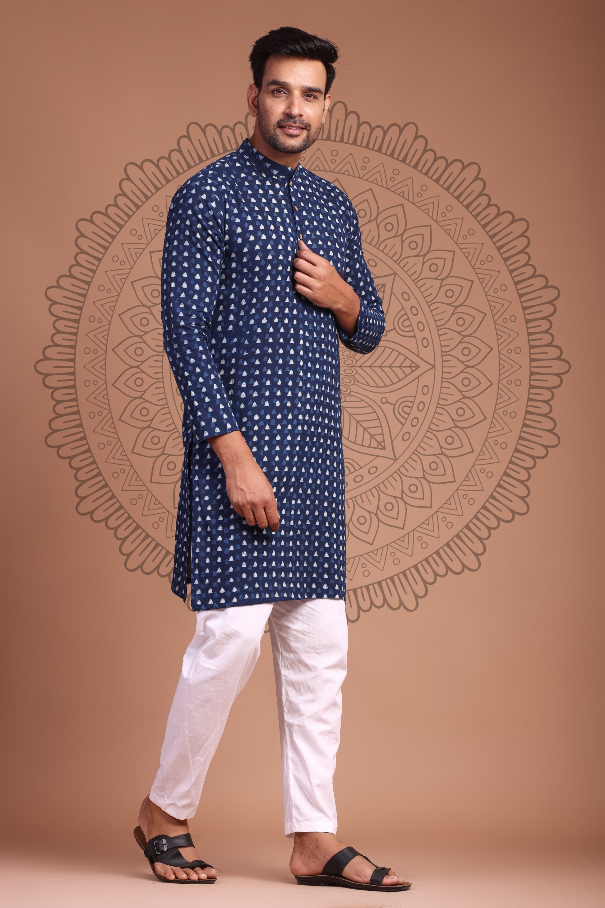 Blue Hand Block Printed Men's Kurta - Tijoreebynikita