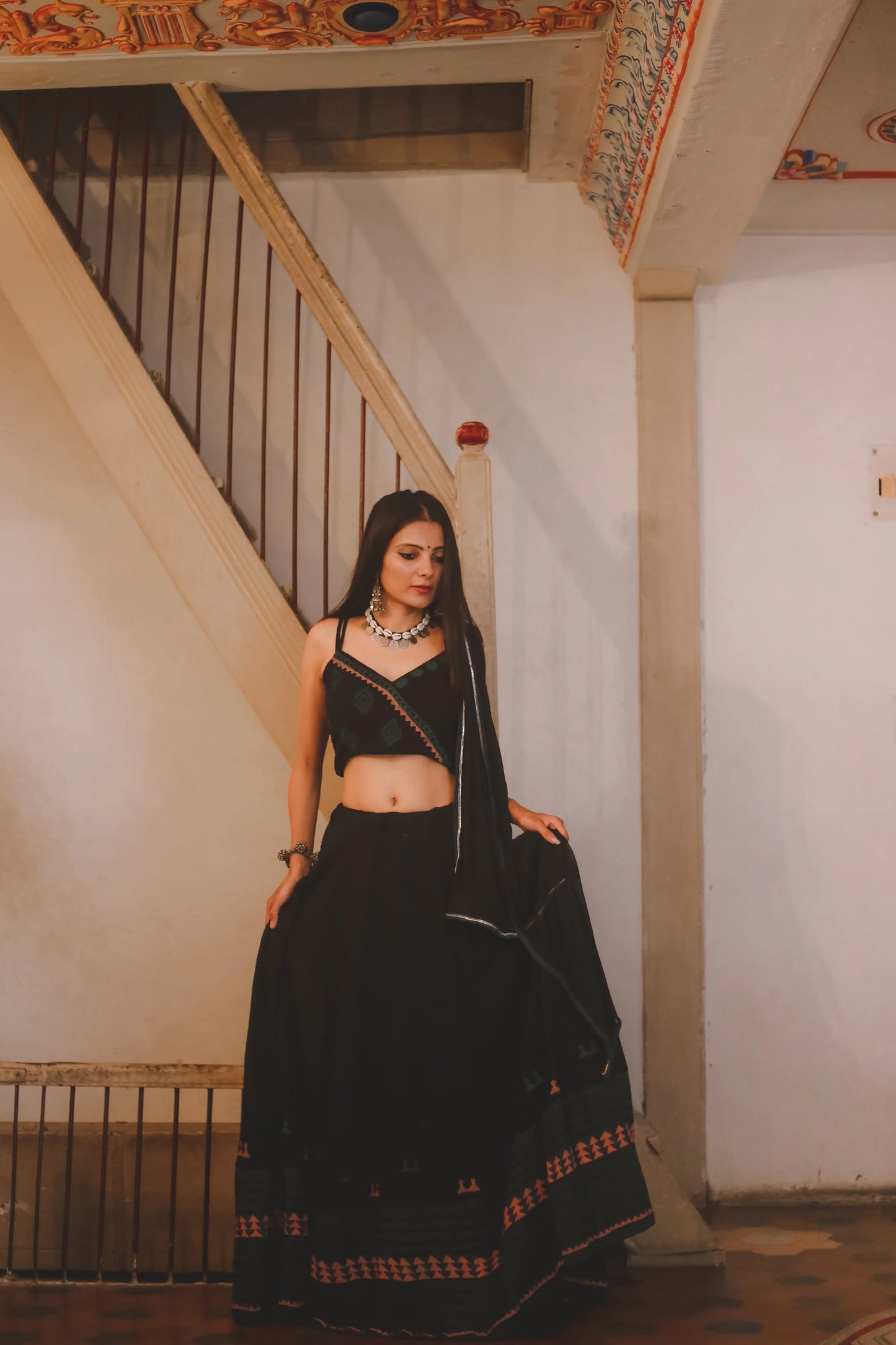 All Black Hand Block Printed Lehenga set - Tijoreebynikita