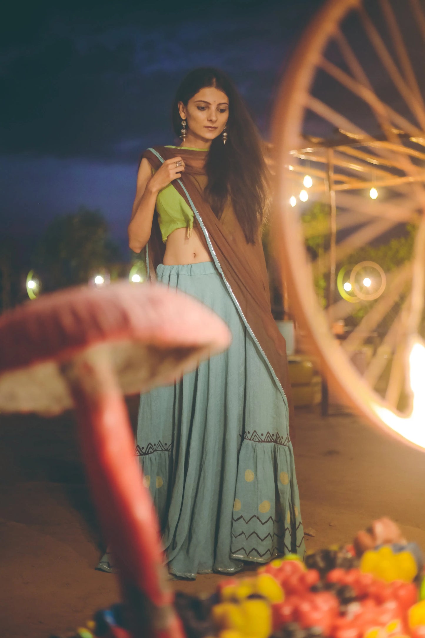 Green Smoke & Cyan Hand Block Printed Lehenga Set - Tijoreebynikita