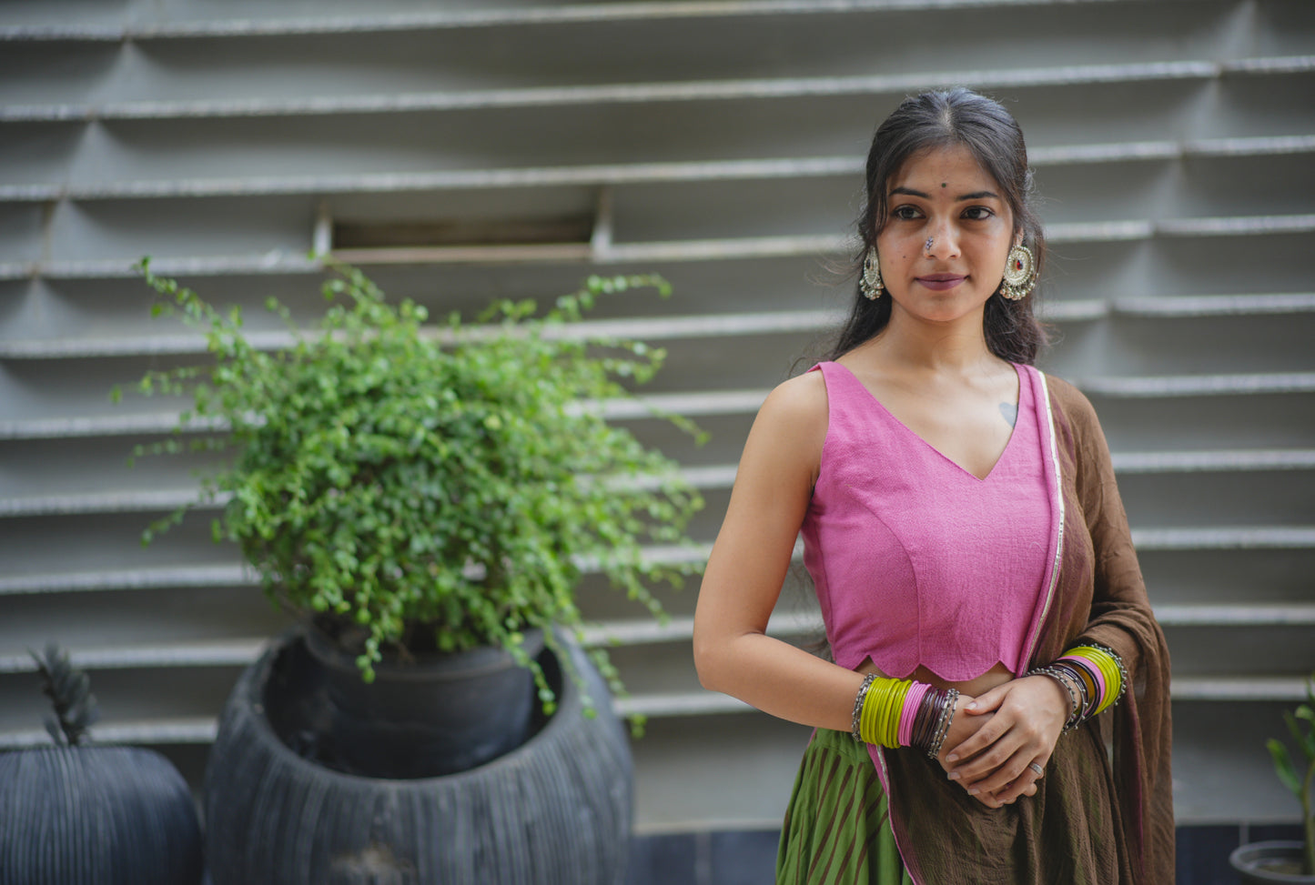 Cadillac Pink and Drab Green Hand Block Printed Lehenga Set