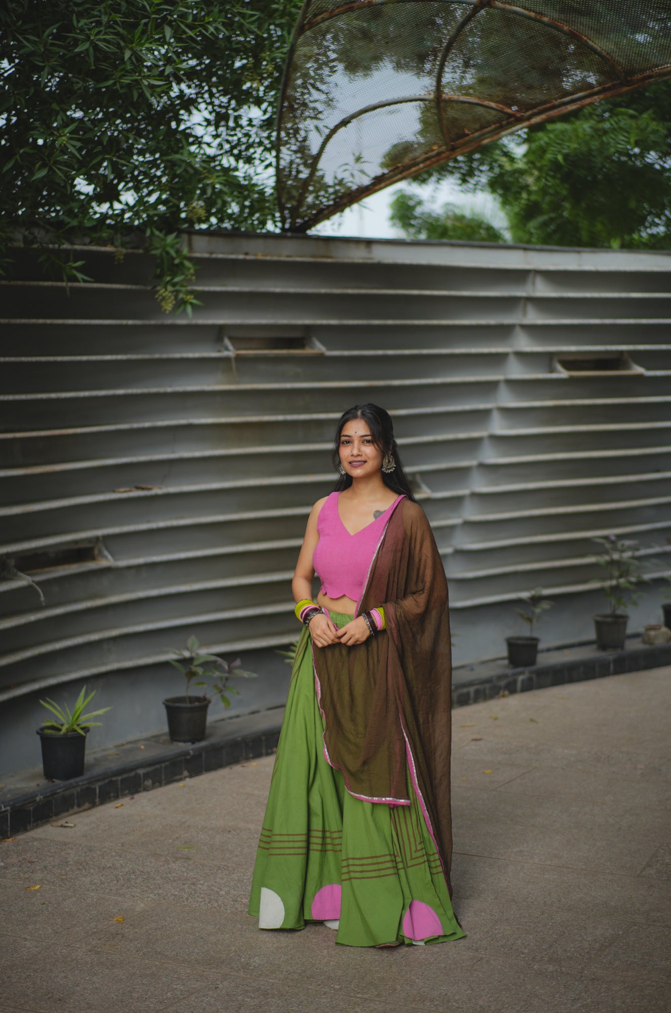 Cadillac Pink and Drab Green Hand Block Printed Lehenga Set