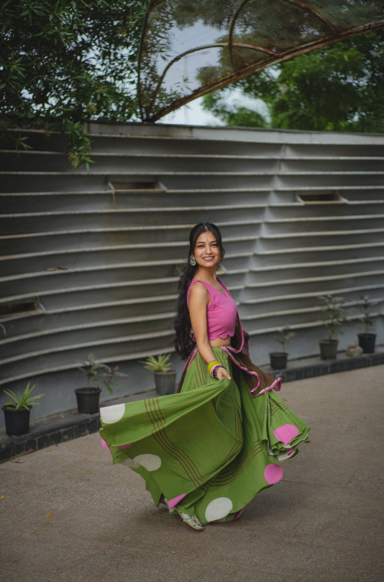 Cadillac Pink and Drab Green Hand Block Printed Lehenga Set