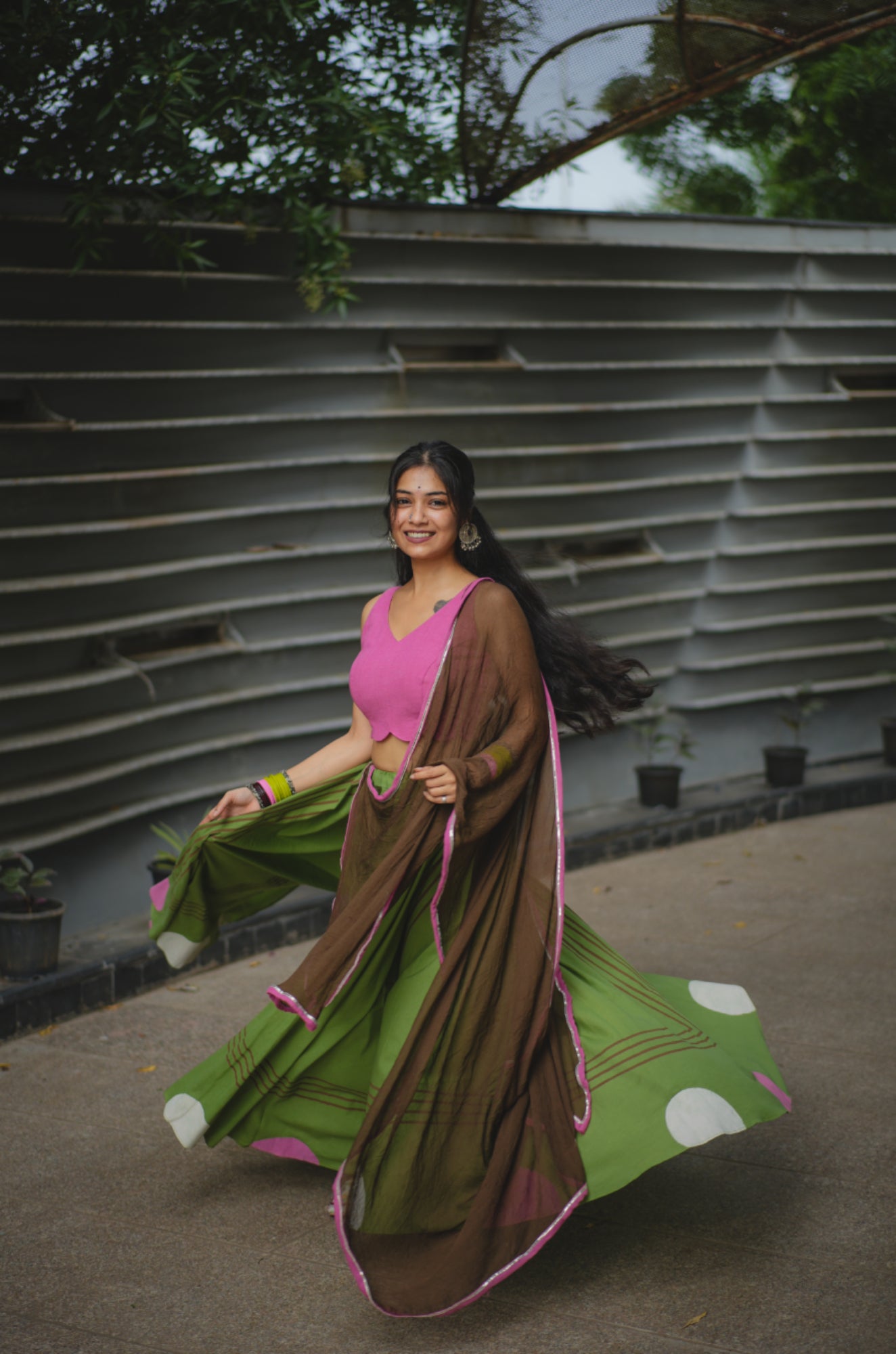 Cadillac Pink and Drab Green Hand Block Printed Lehenga Set