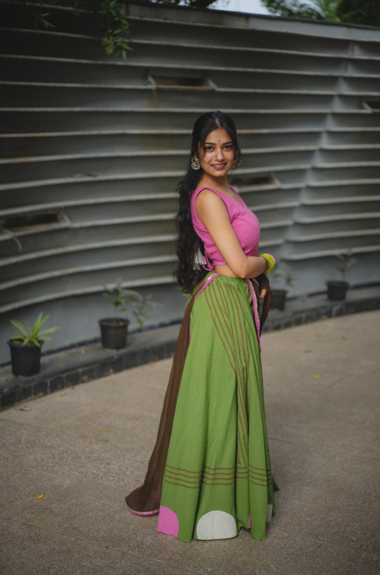 Cadillac Pink and Drab Green Hand Block Printed Lehenga Set