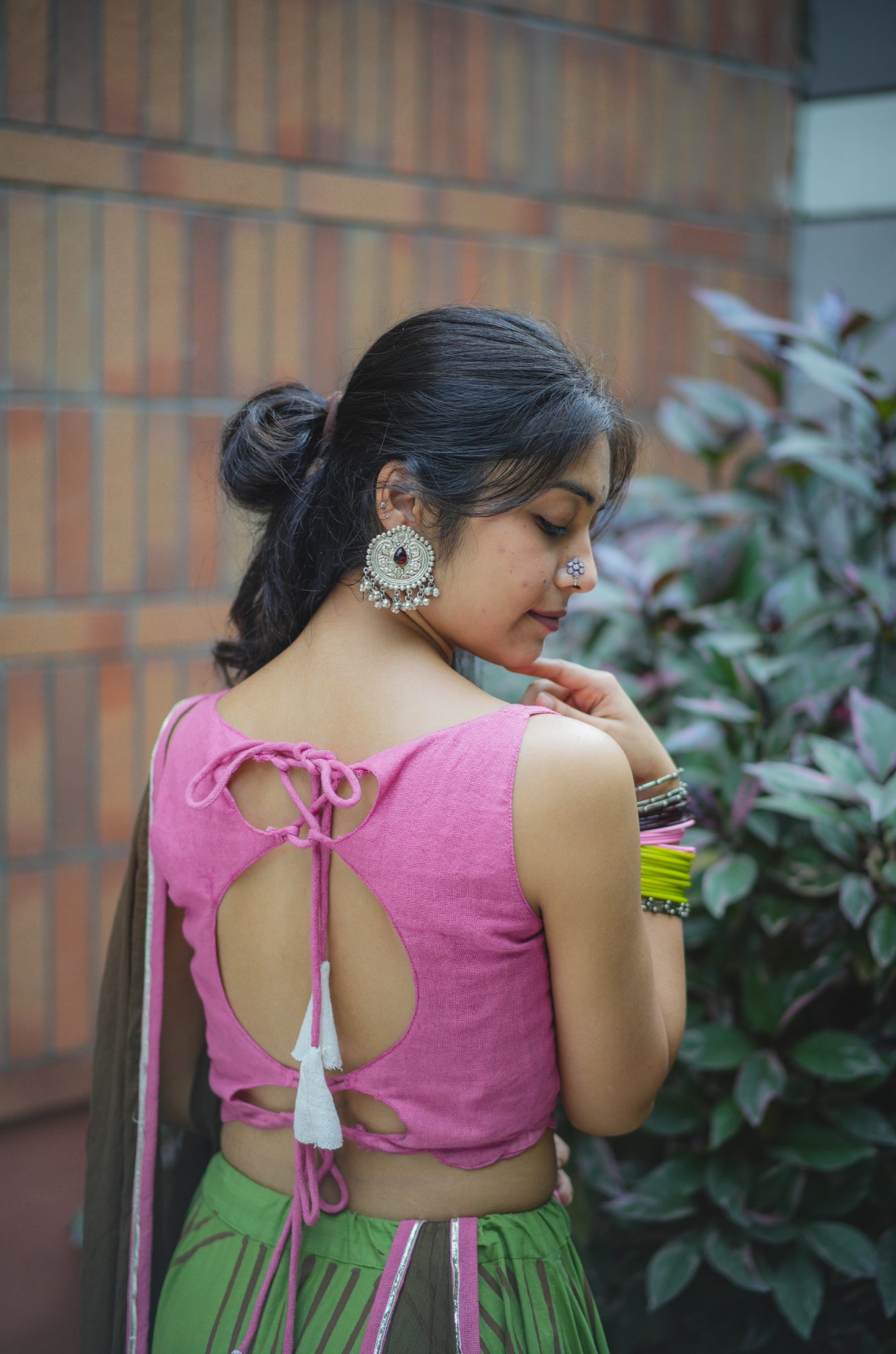 Cadillac Pink and Drab Green Hand Block Printed Lehenga Set