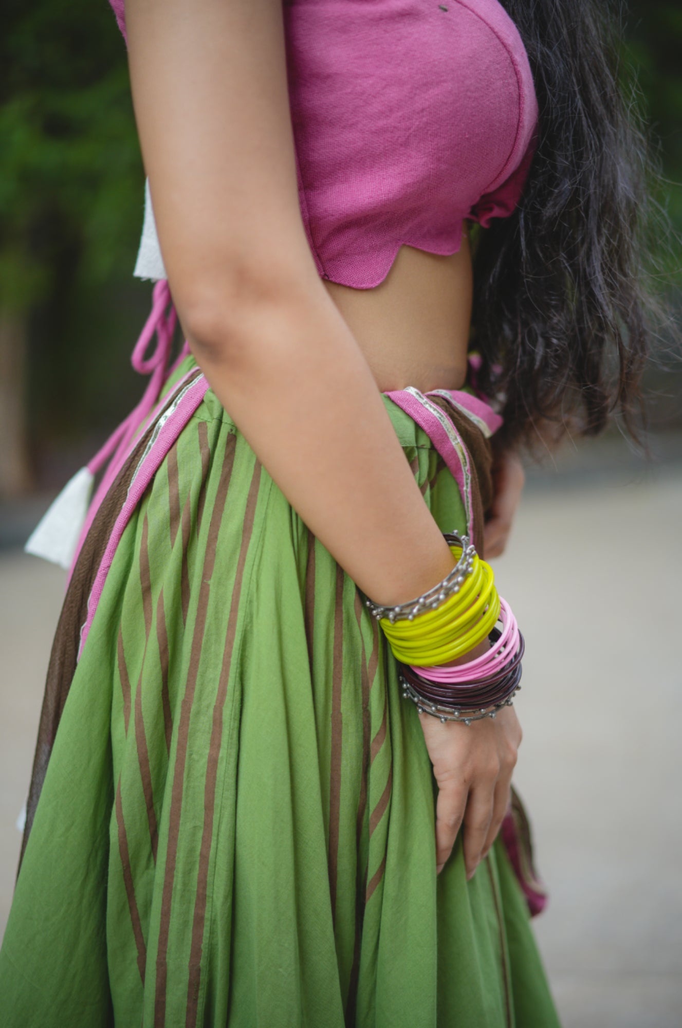 Cadillac Pink and Drab Green Hand Block Printed Lehenga Set