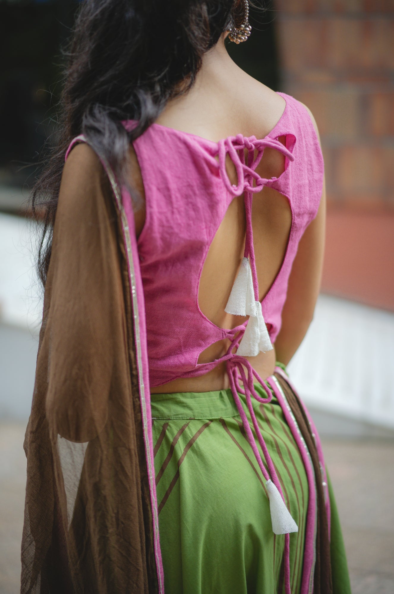 Cadillac Pink and Drab Green Hand Block Printed Lehenga Set