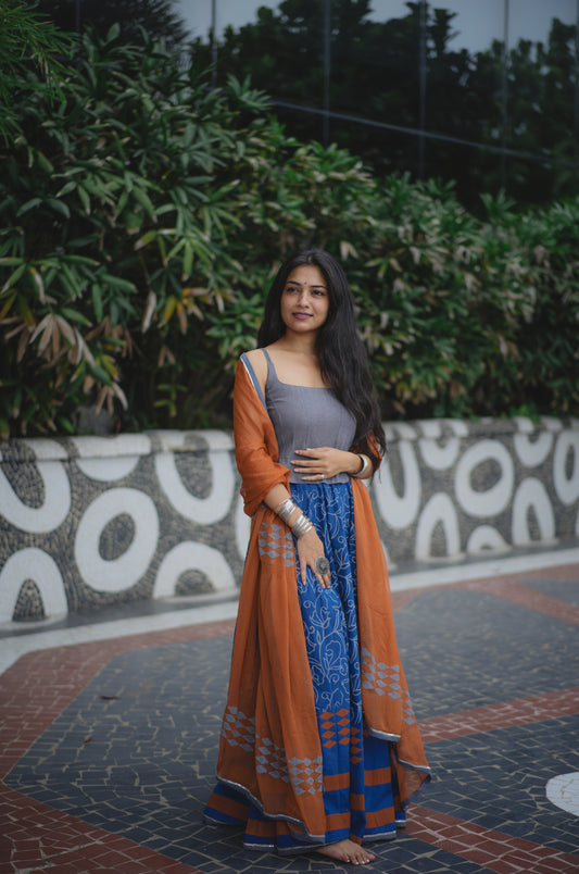 Regent Grey and Dusk Blue Hand block printed Lehenga Set