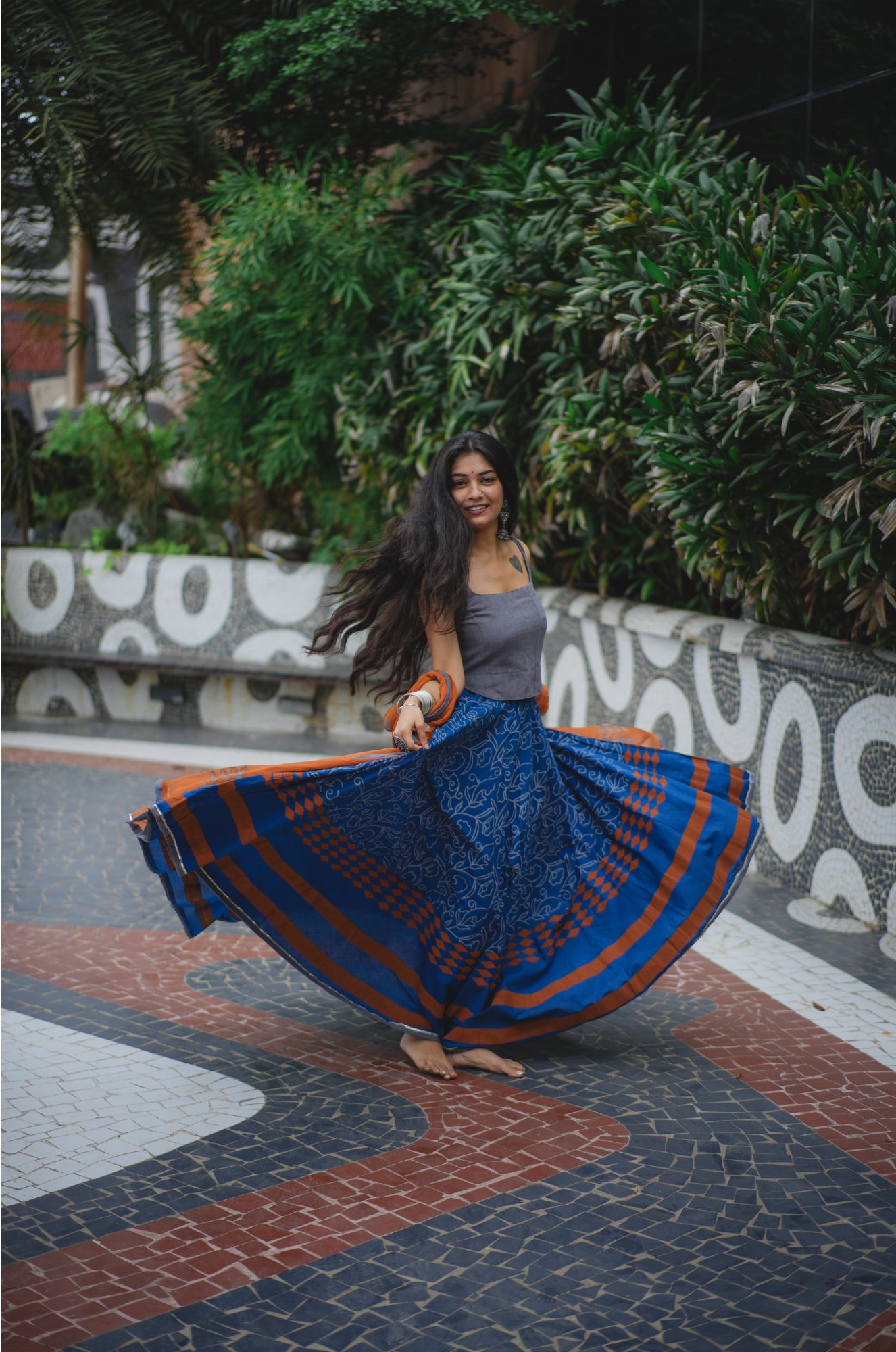 Regent Grey and Dusk Blue Hand block printed Lehenga Set