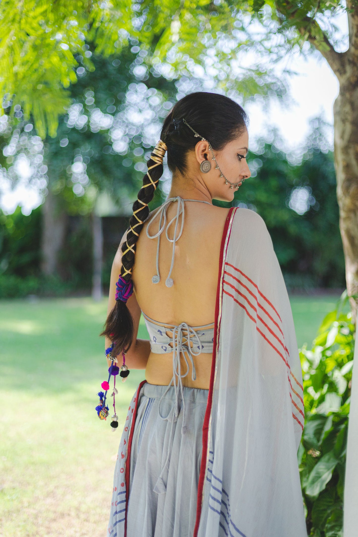 Grey Hand Block Printed Lehenga Set With Kutchhi Gamthi Work - Tijoreebynikita