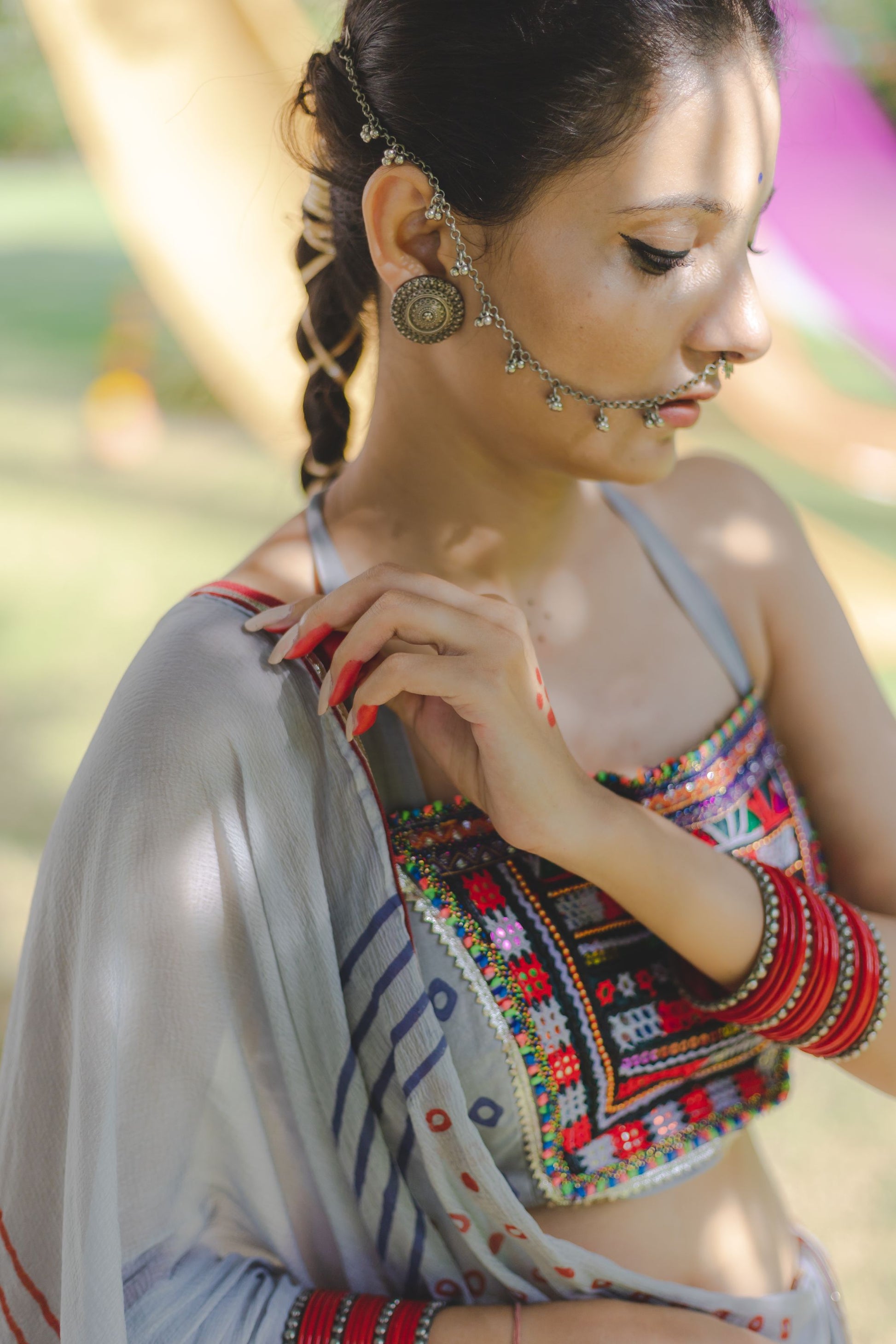 Grey Hand Block Printed Lehenga Set With Kutchhi Gamthi Work - Tijoreebynikita