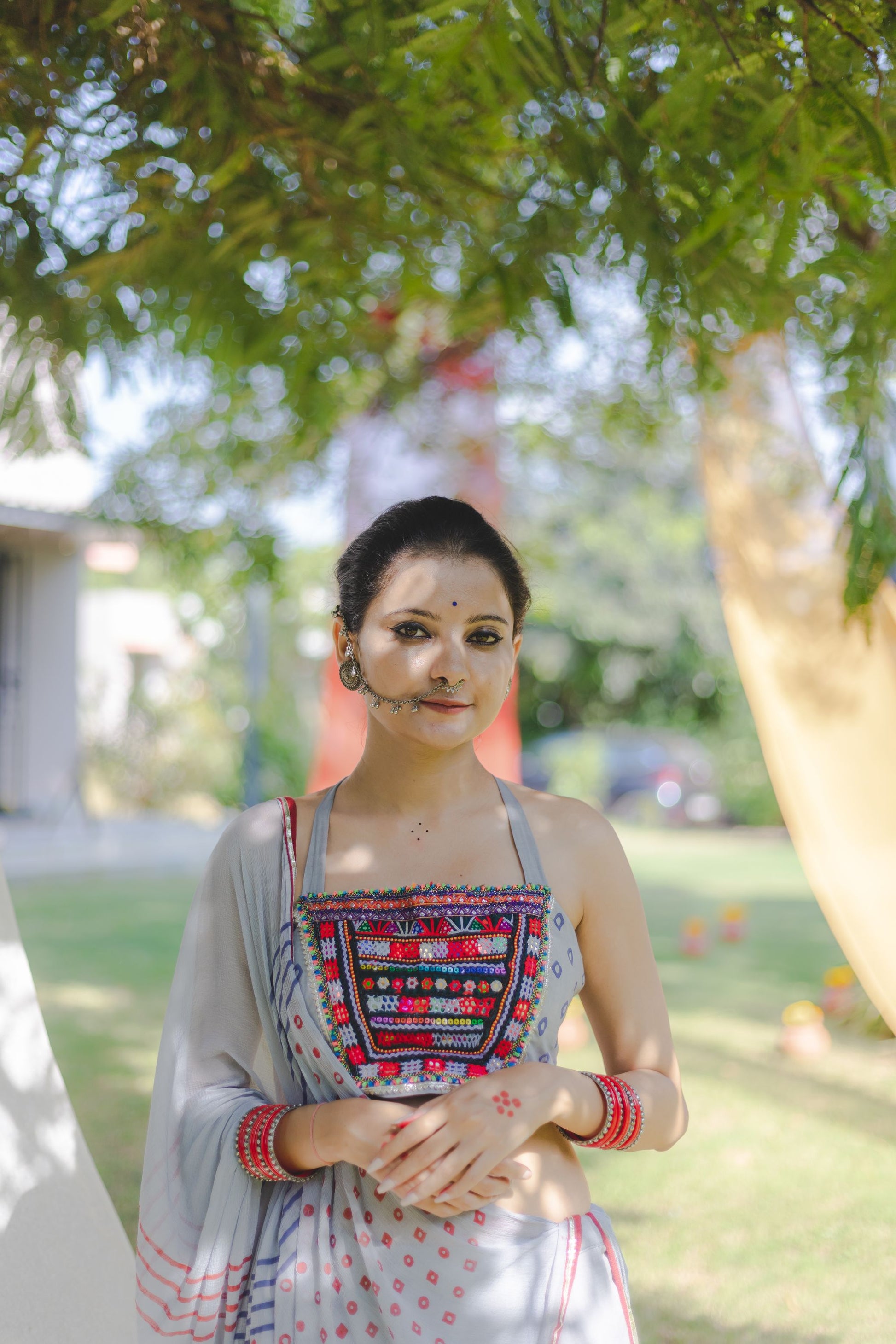 Grey Hand Block Printed Lehenga Set With Kutchhi Gamthi Work - Tijoreebynikita