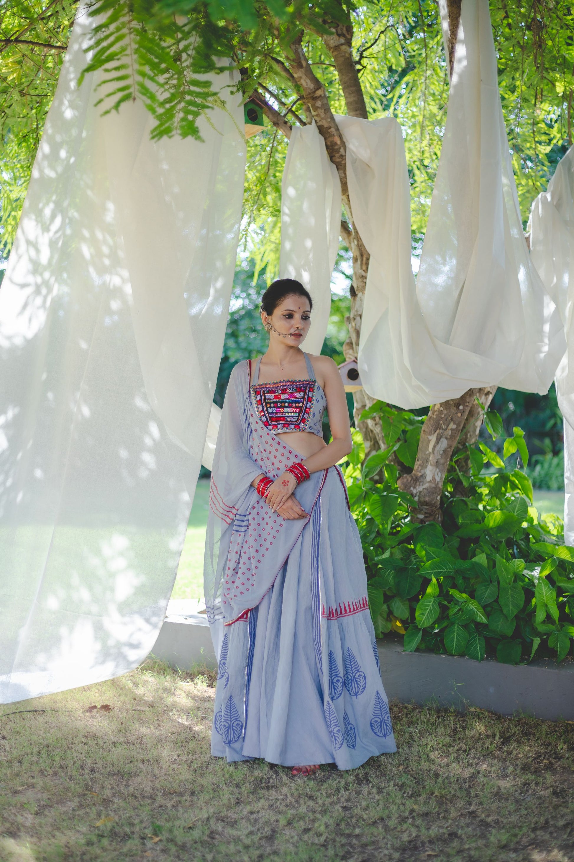 Grey Hand Block Printed Lehenga Set With Kutchhi Gamthi Work - Tijoreebynikita